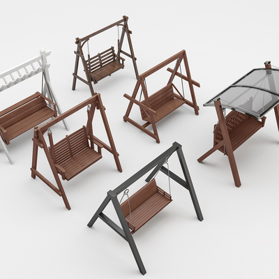  现代户外秋千 庭院秋千 实木秋千椅 吊椅 户外摇椅su模型 