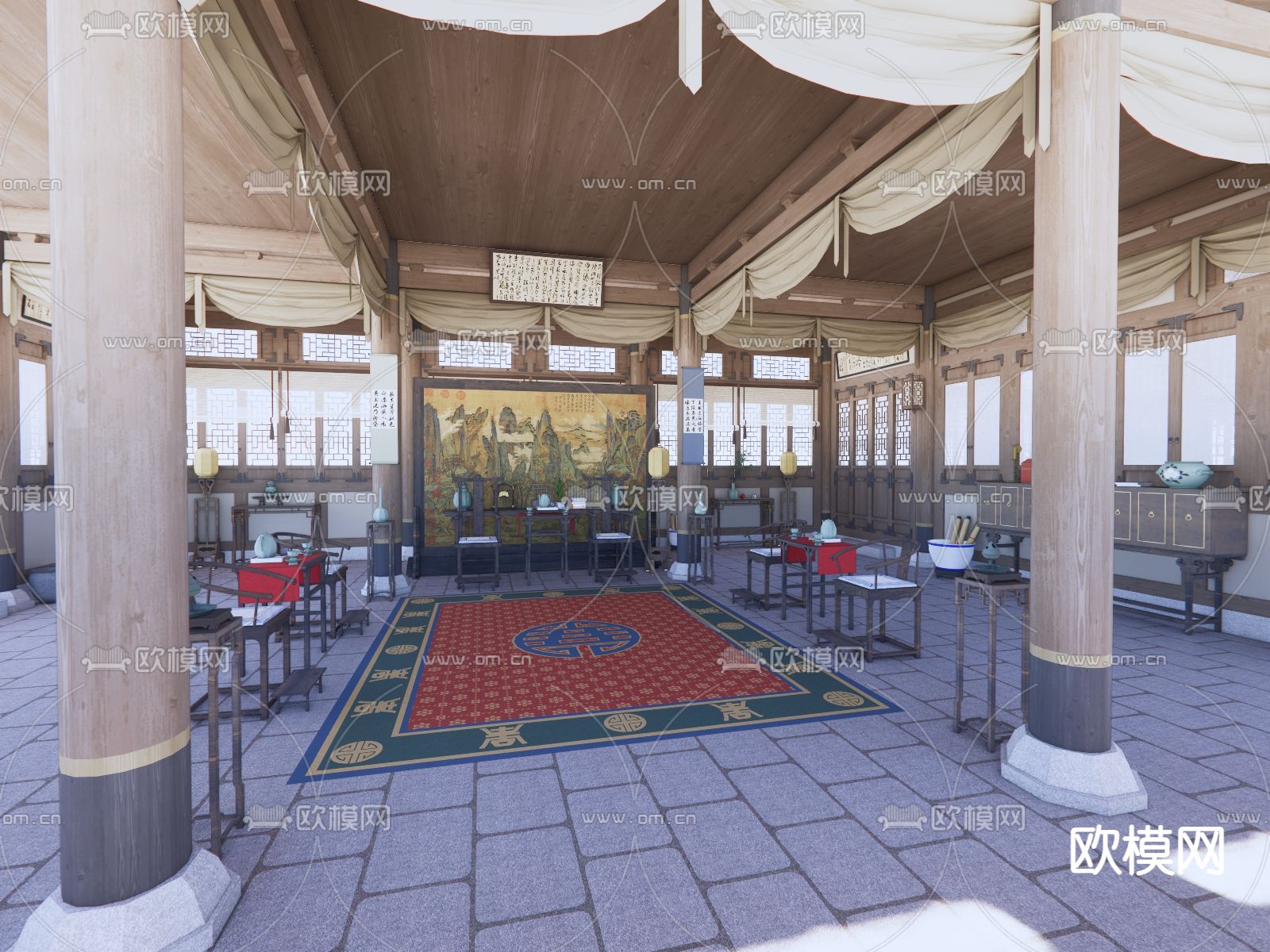 中式客厅 展厅su模型下载（渲染图2）