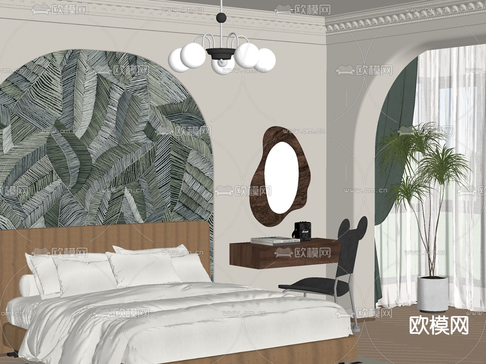 奶油风卧室su模型下载（渲染图1）