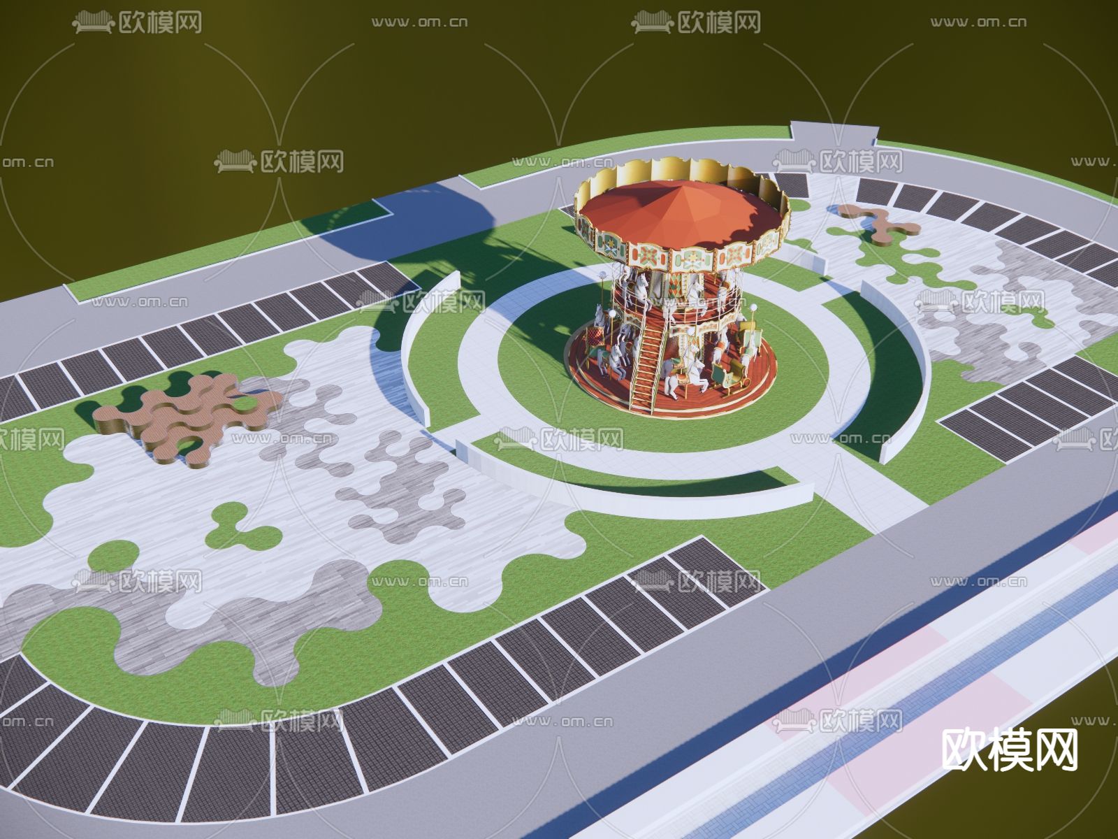 景观儿童游乐区 旋转木马su模型下载（渲染图2）