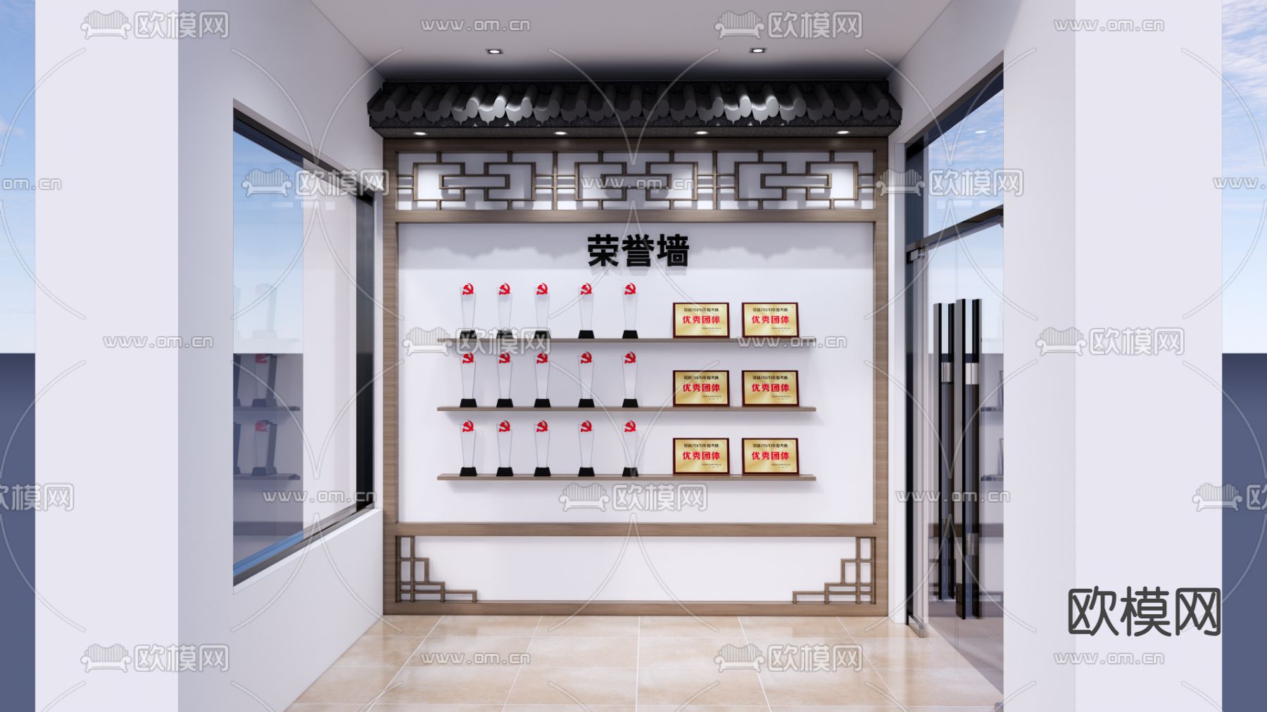 中式荣誉墙 文化墙su模型下载（渲染图1）