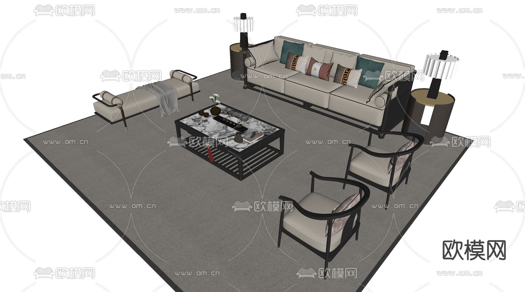新中式组合沙发su模型下载（渲染图1）