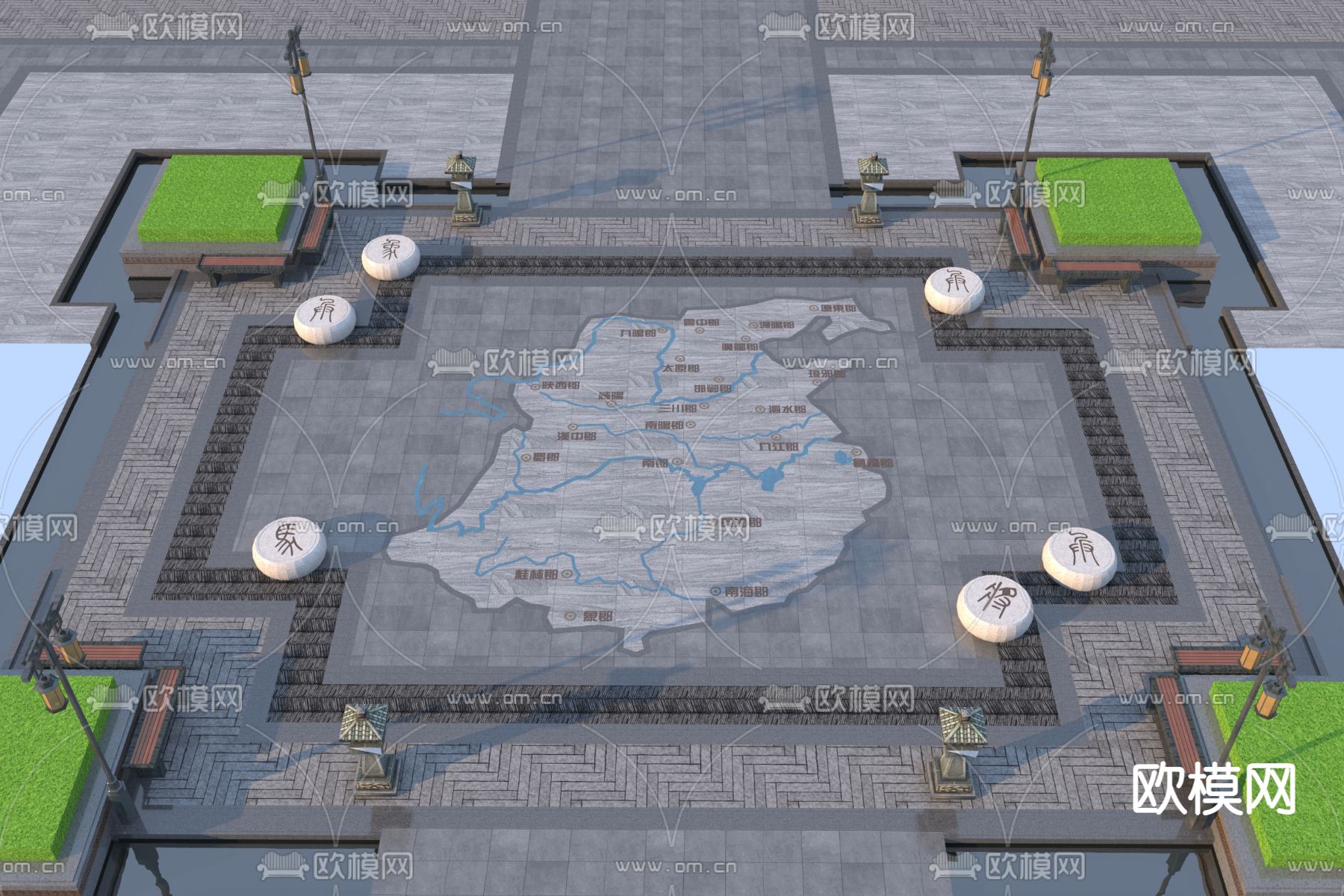 文化广场铺地 地图铺装3d模型下载