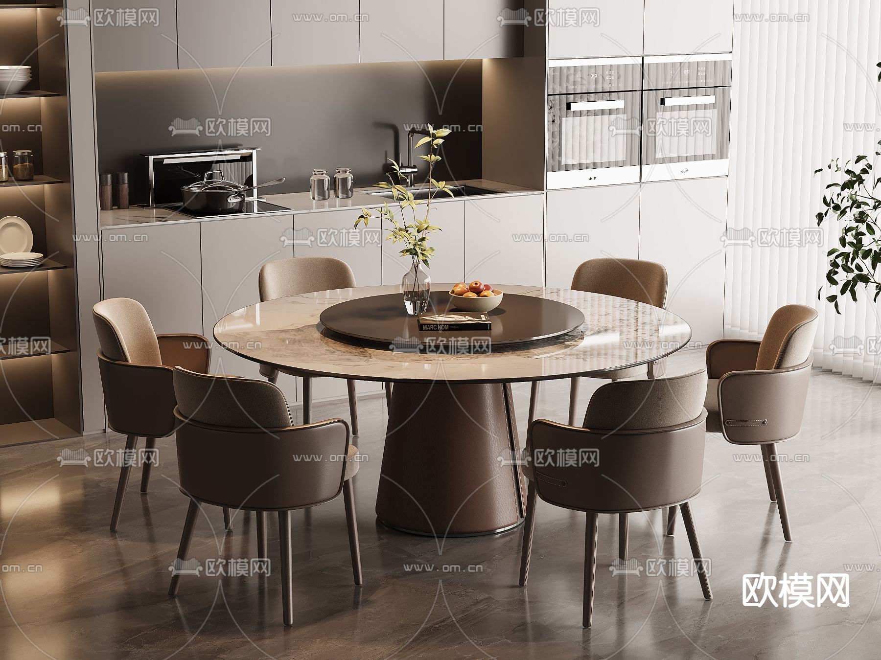 大理石餐桌椅 圆形餐桌3d模型下载（渲染图1）