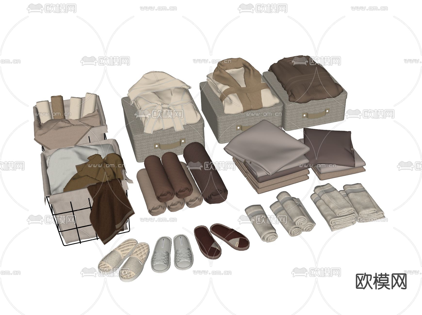 洗护毛巾 浴袍 毛巾筐 拖鞋 洗浴用品su模型下载（渲染图2）