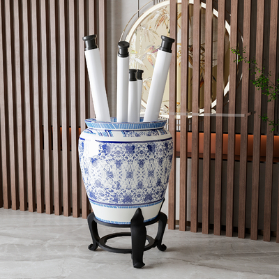  新中式青花瓷 卷轴书 画缸摆件su模型 