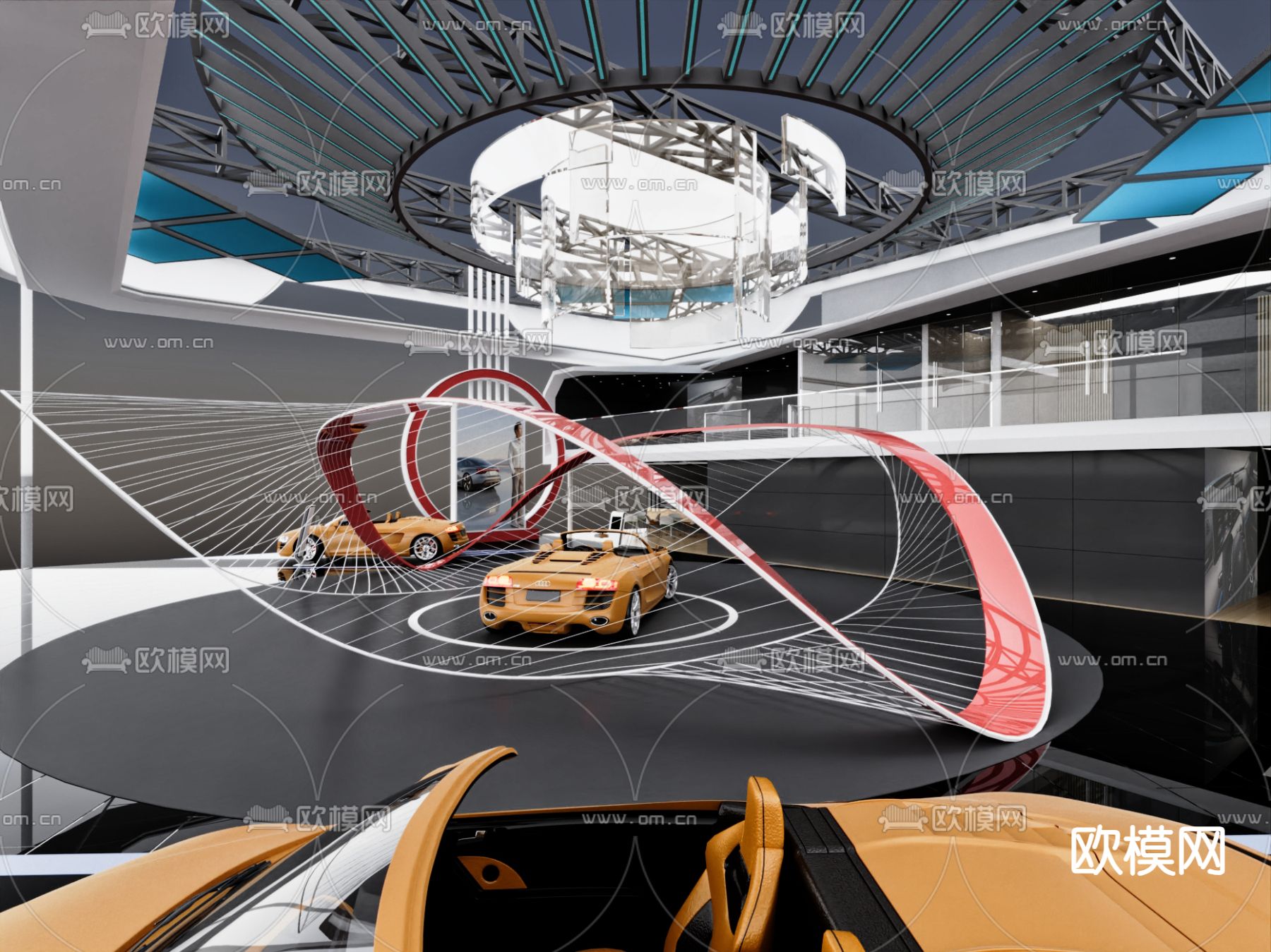 汽车展厅 车类展台 奥迪 轿车 展示架 广告牌su模型下载（渲染图2）