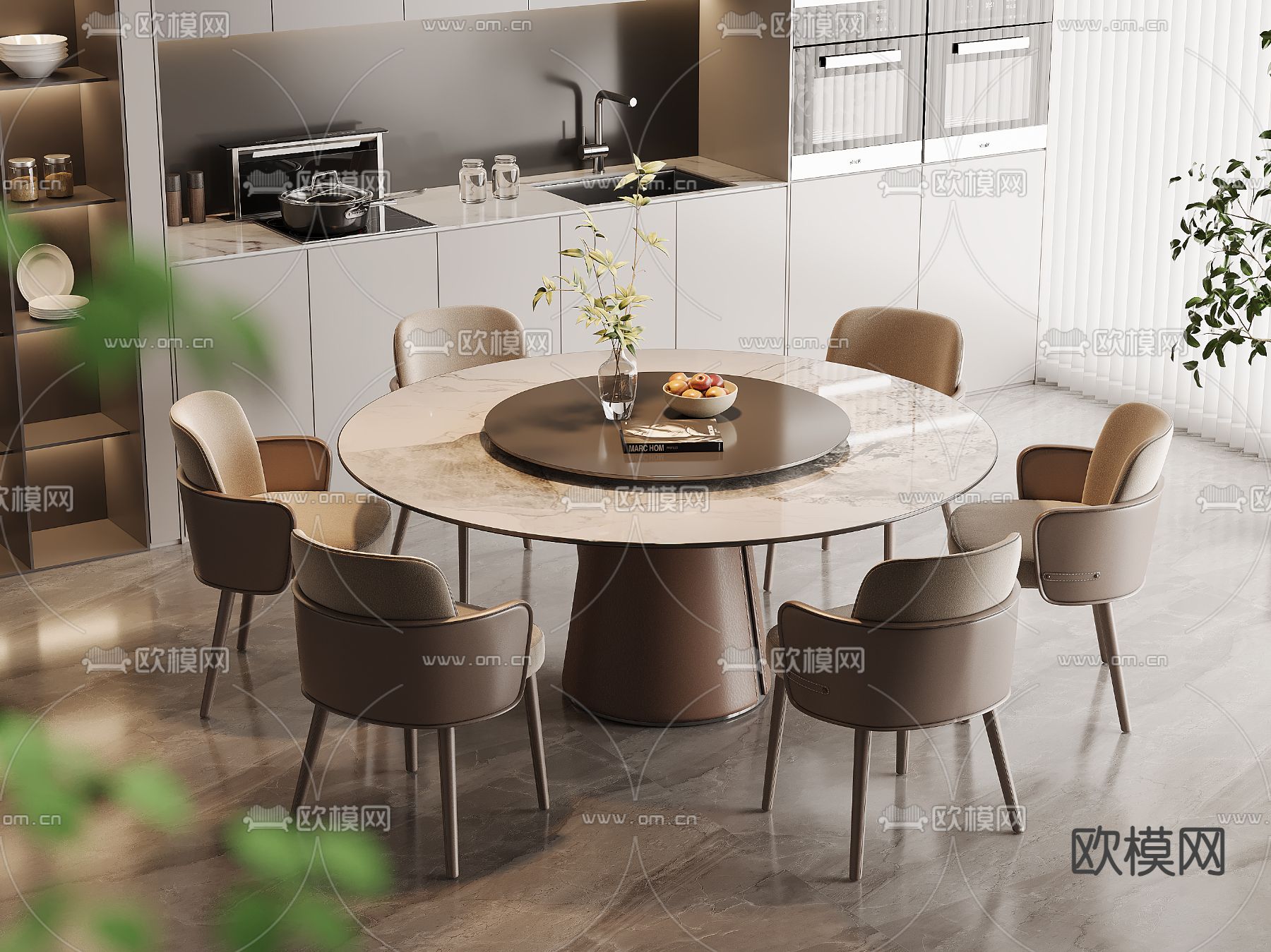 大理石餐桌椅 圆形餐桌3d模型下载（渲染图2）