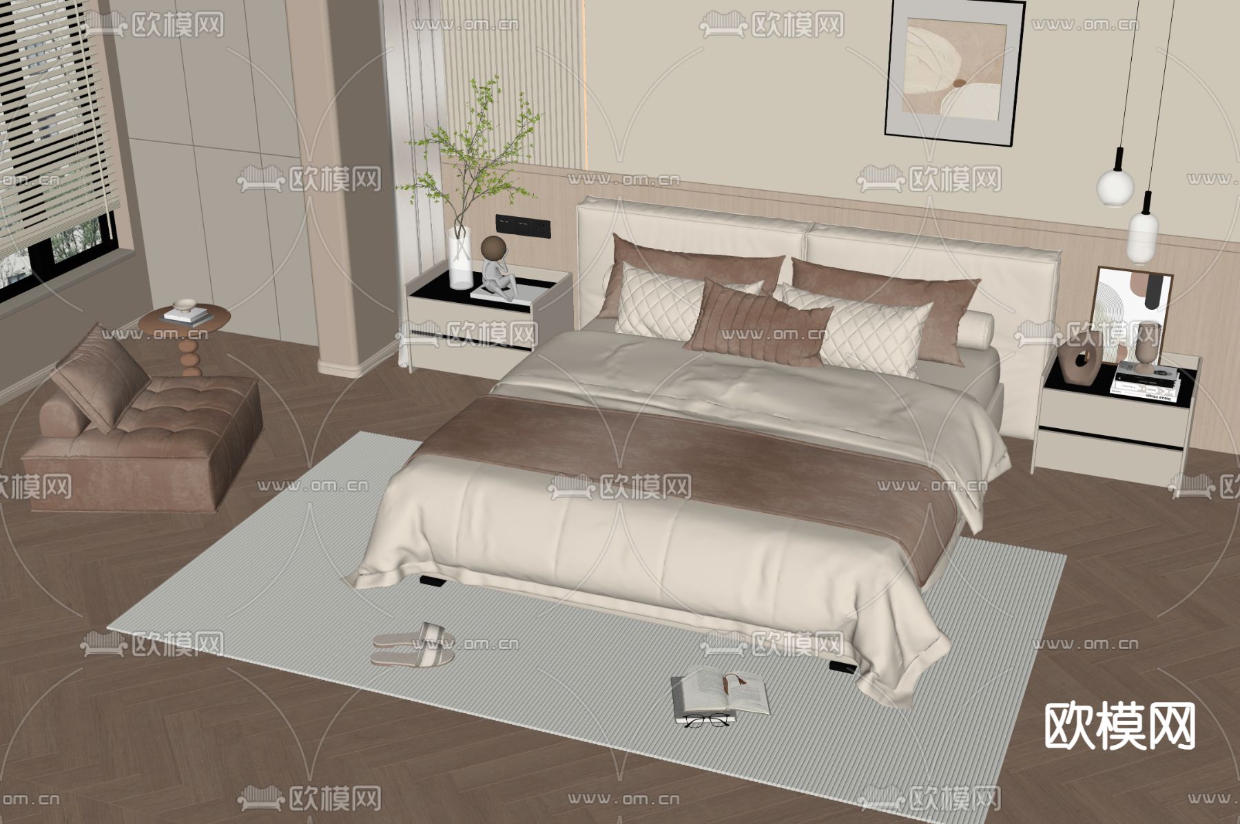 奶油风双人床su模型下载（渲染图1）