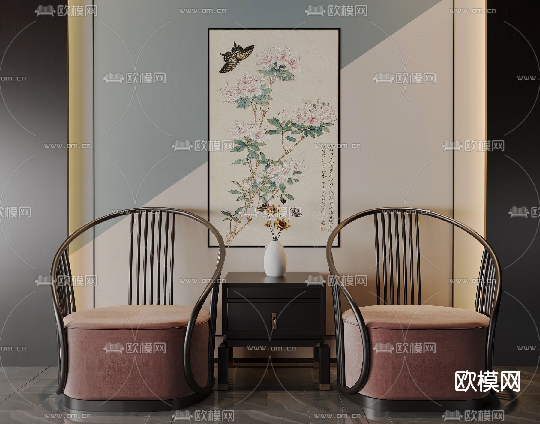 新中式单人沙发3d模型下载