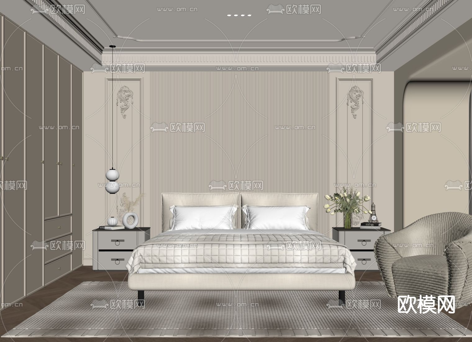 奶油风卧室 主人房su模型下载（渲染图1）