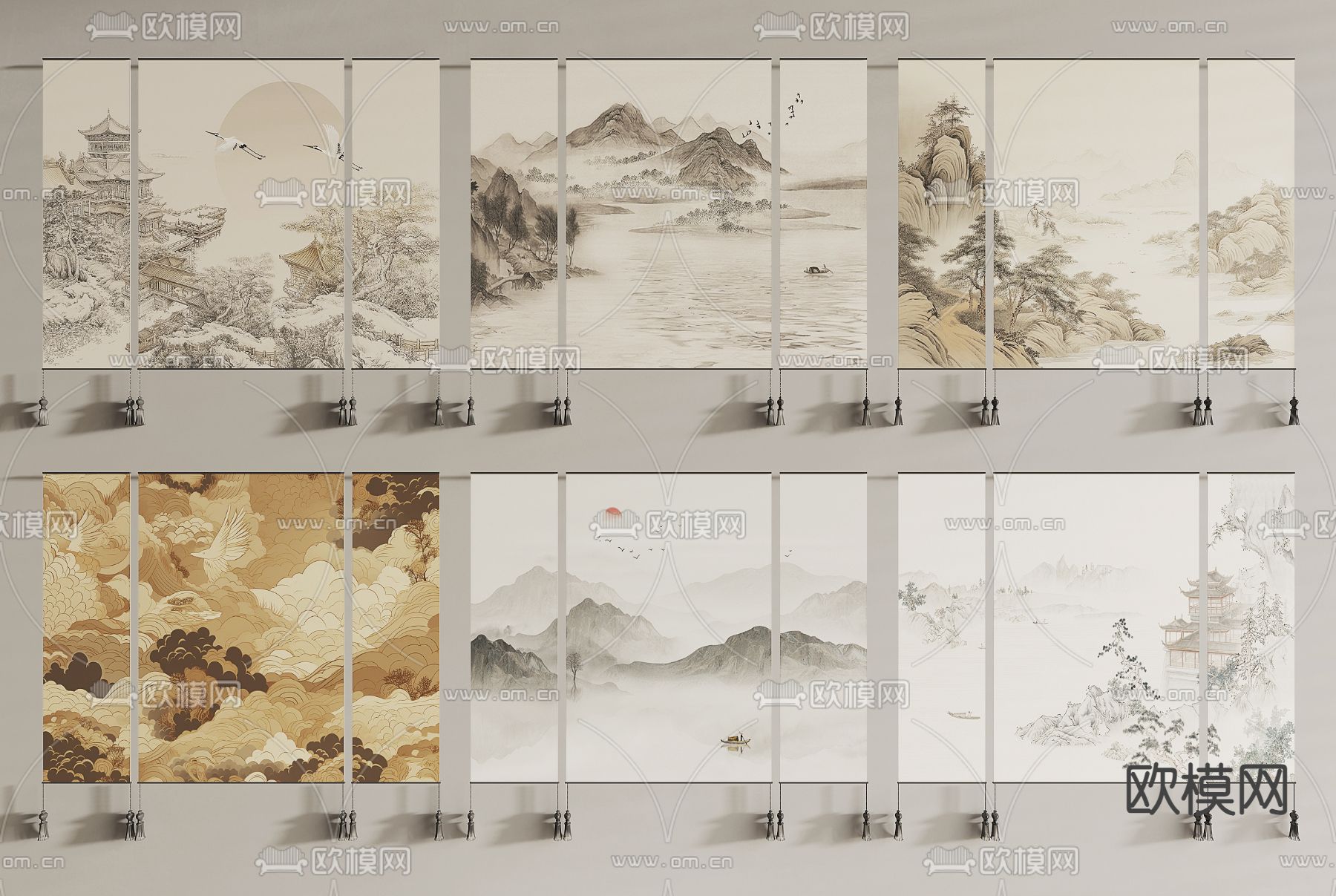 新中式门帘 山水帘 隔断帘3d模型下载