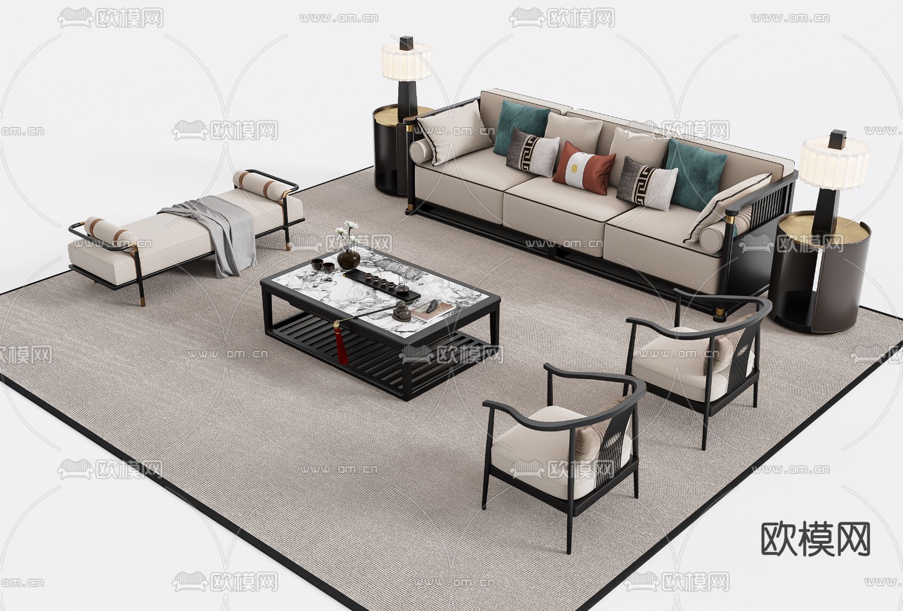 新中式组合沙发su模型下载（渲染图2）