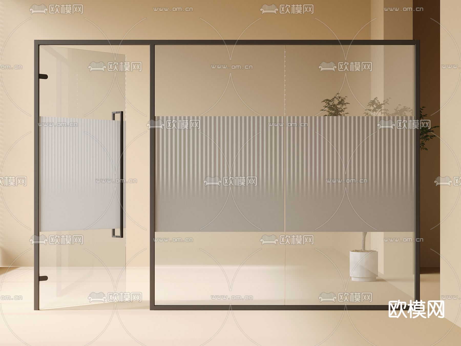 办公玻璃隔断su模型下载（渲染图2）