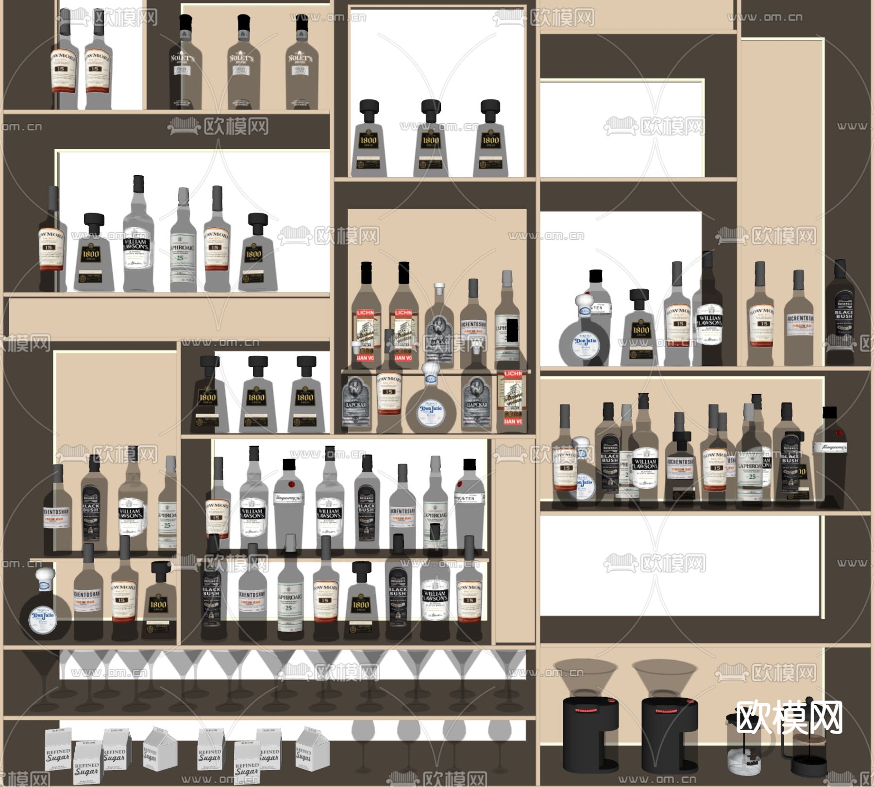 现代酒水 酒瓶 酒具用品su模型下载（渲染图1）