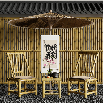 新中式竹编户外桌椅su模型