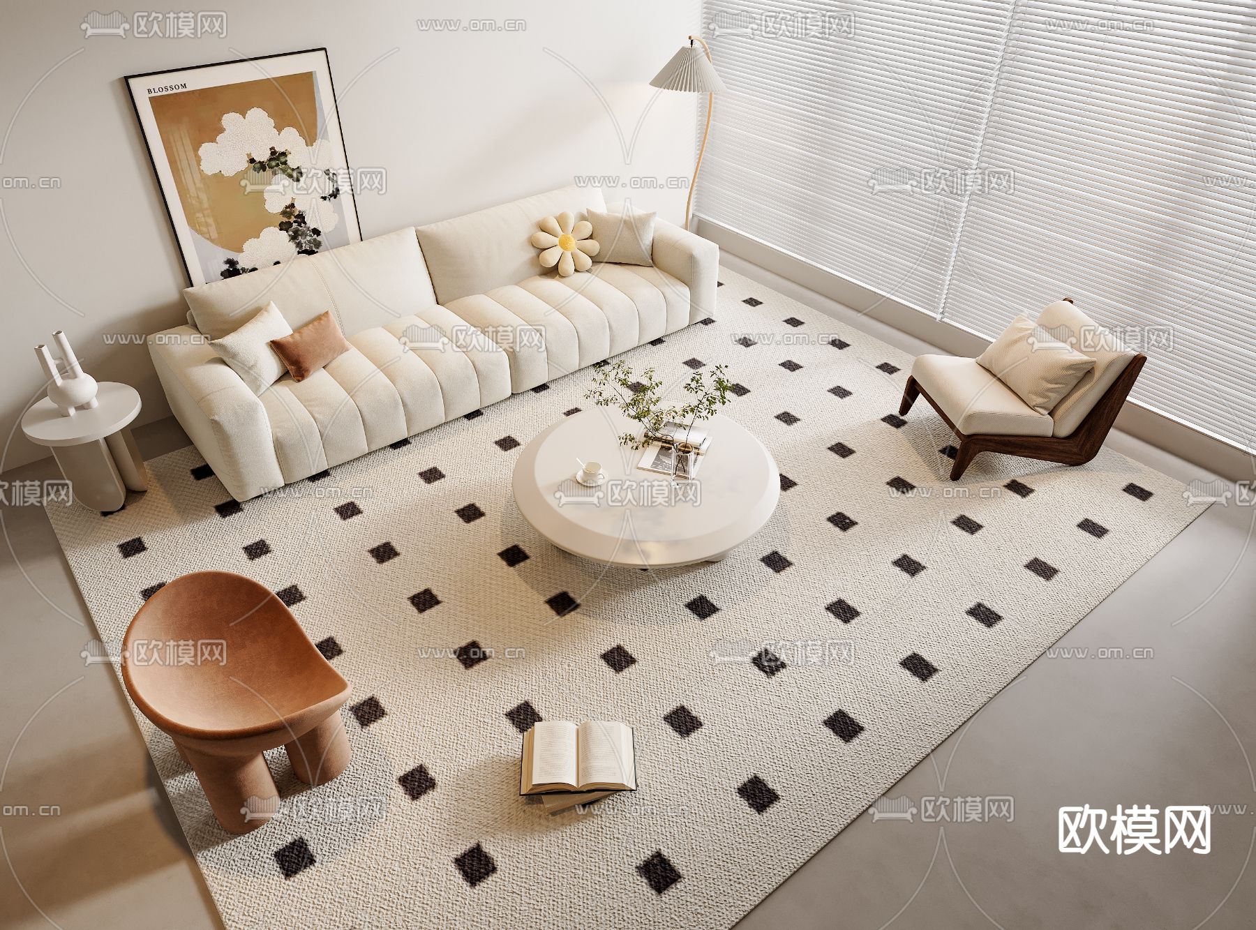 奶油风组合沙发3d模型下载