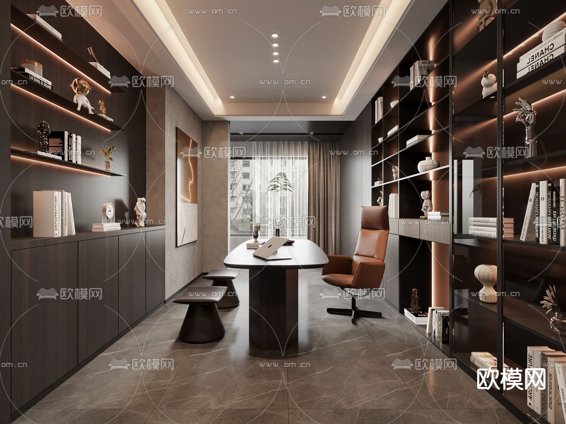 高级灰书房 工作室 学习室3d模型下载
