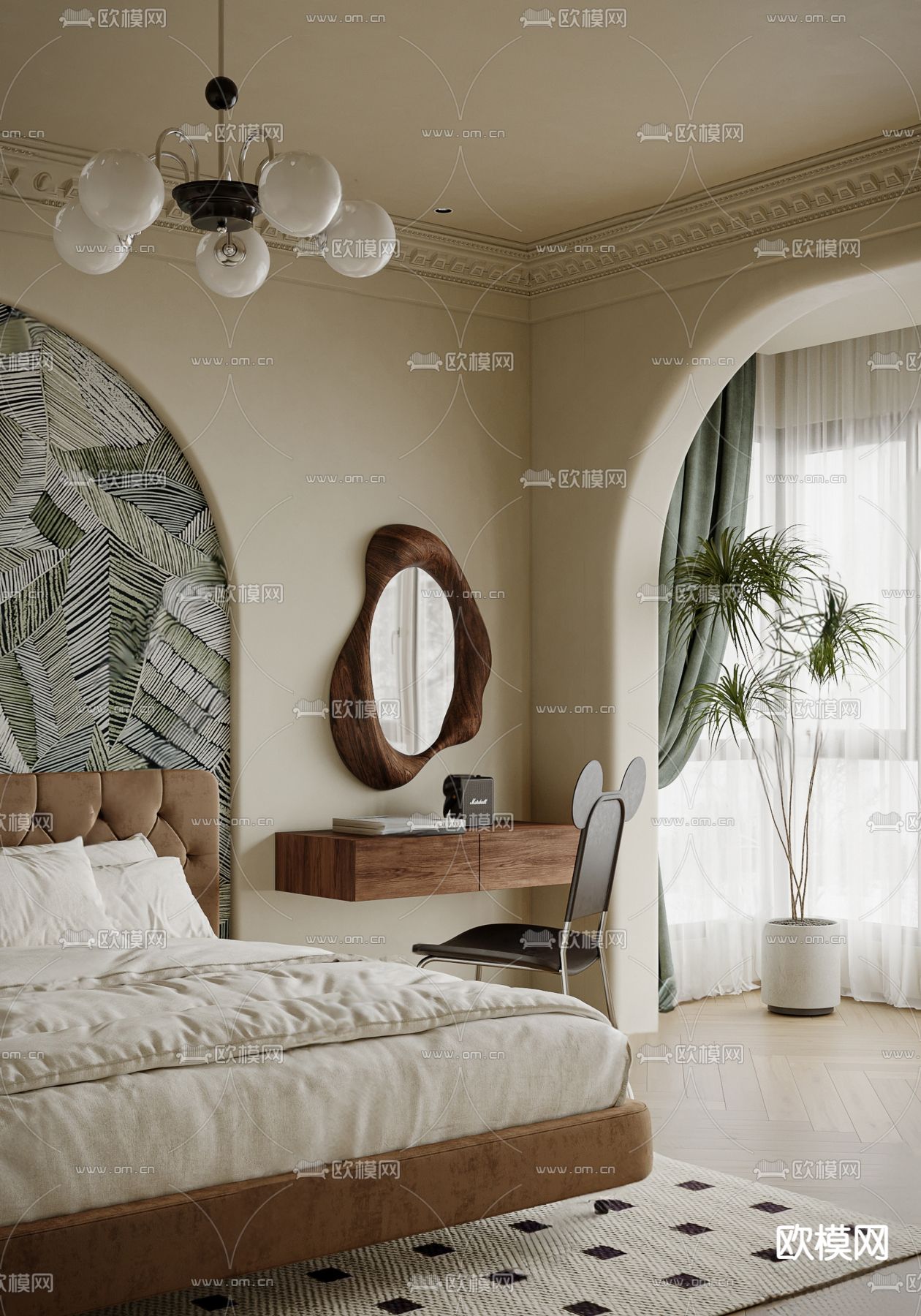 奶油风卧室su模型下载（渲染图3）