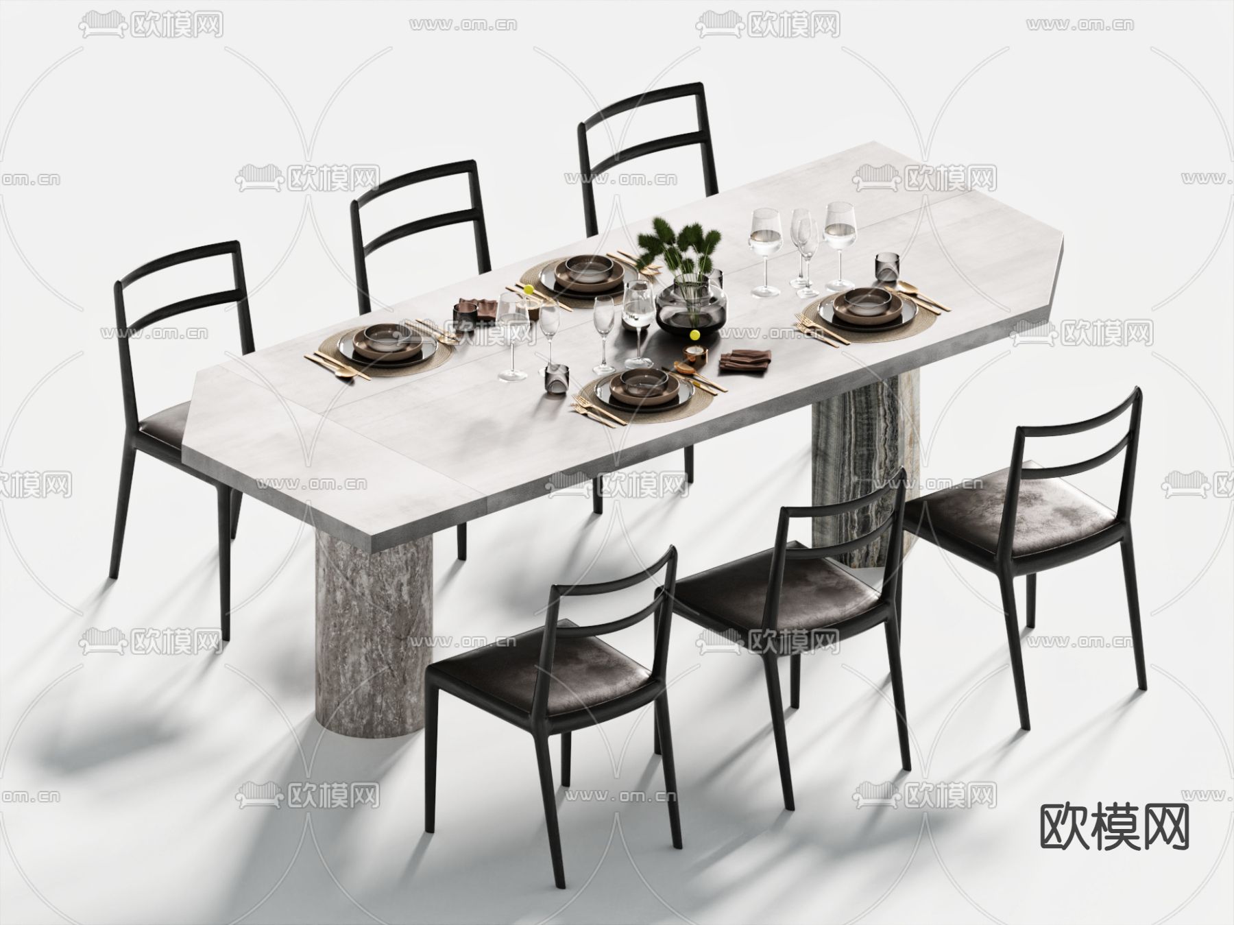 长条餐桌椅3d模型下载