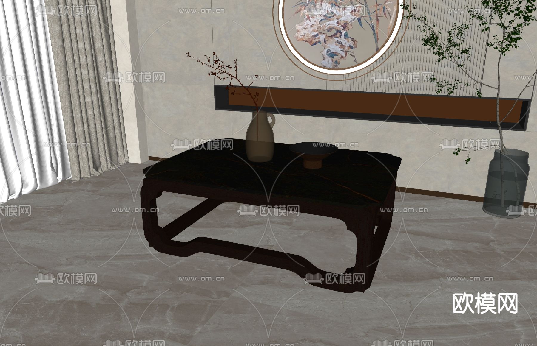 新中式茶几su模型下载（渲染图1）
