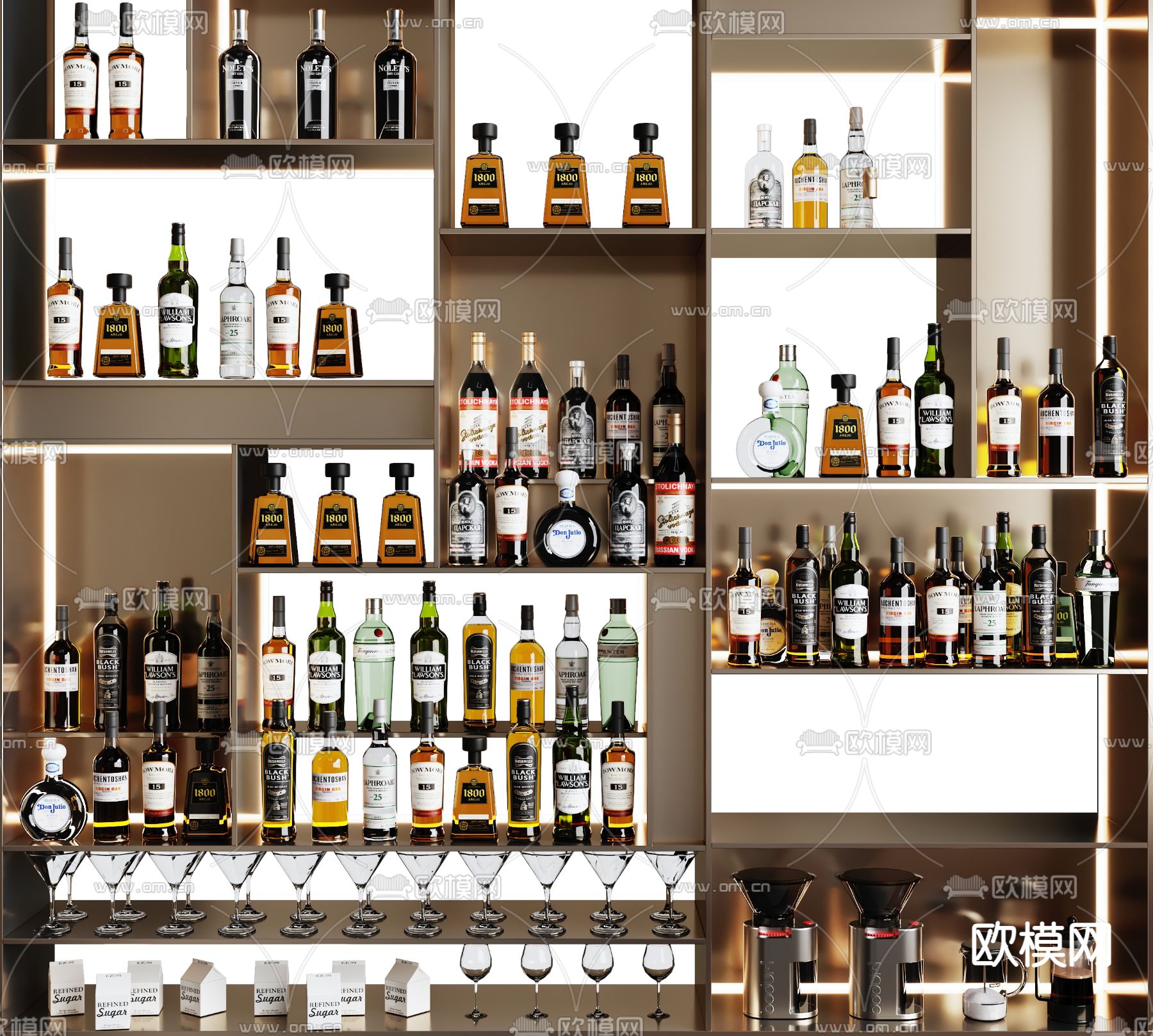 现代酒水 酒瓶 酒具用品su模型下载（渲染图2）