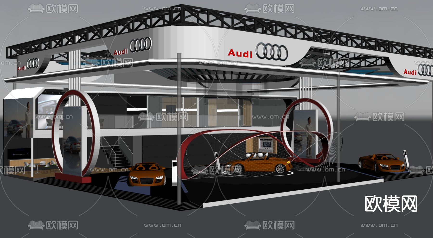 汽车展厅 车类展台 奥迪 轿车 展示架 广告牌su模型下载（渲染图1）