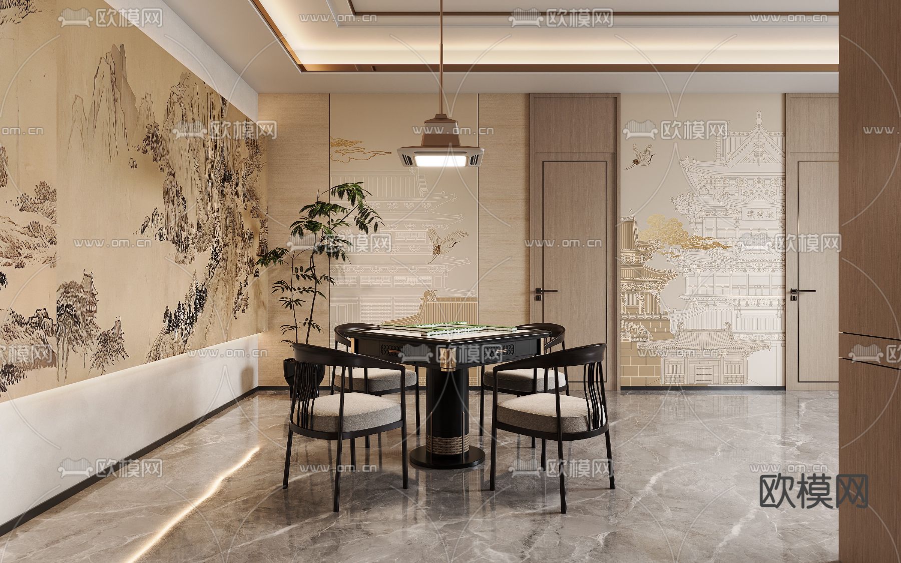 新中式麻将室 棋牌室3d模型下载