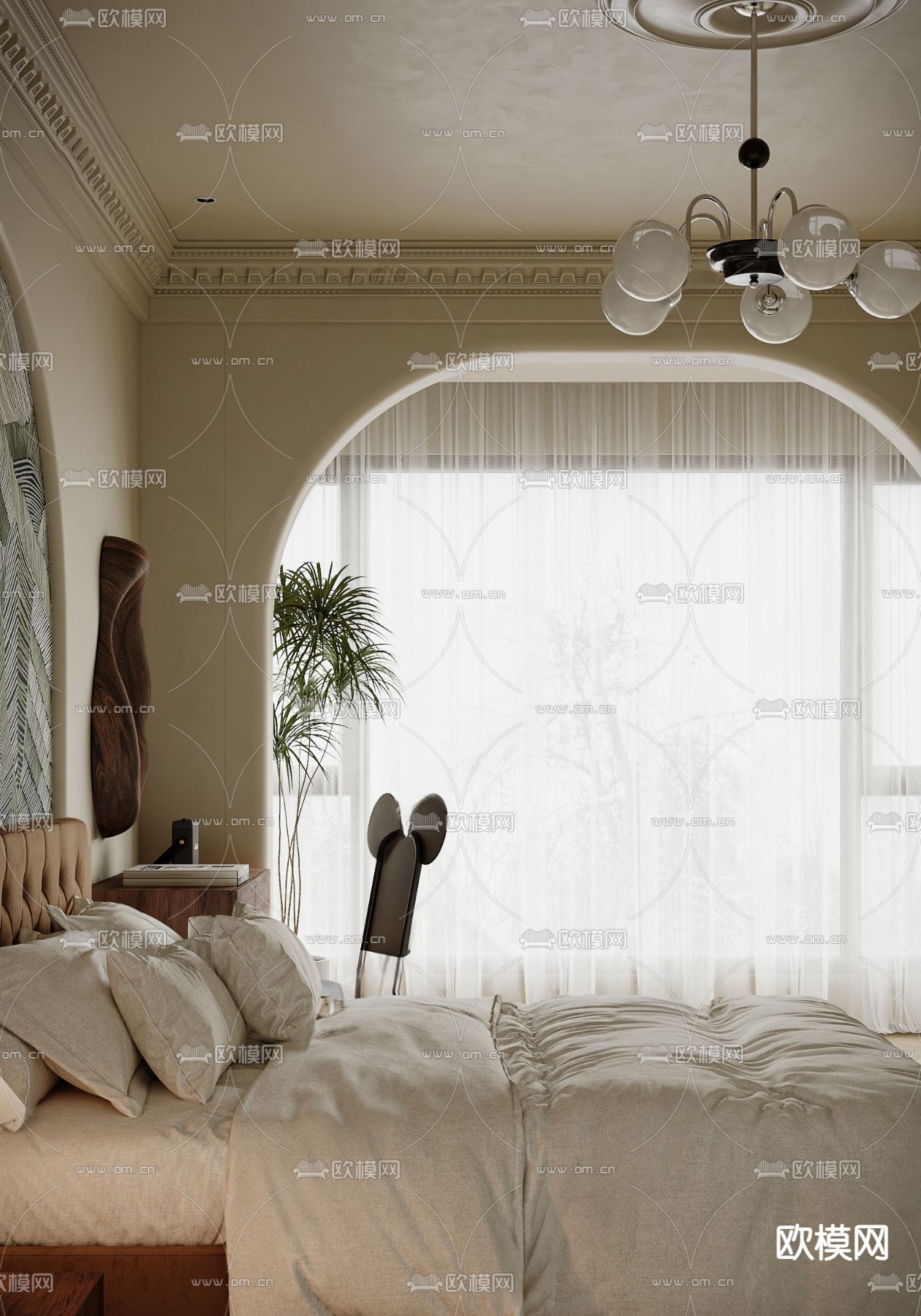 奶油风卧室su模型下载（渲染图2）