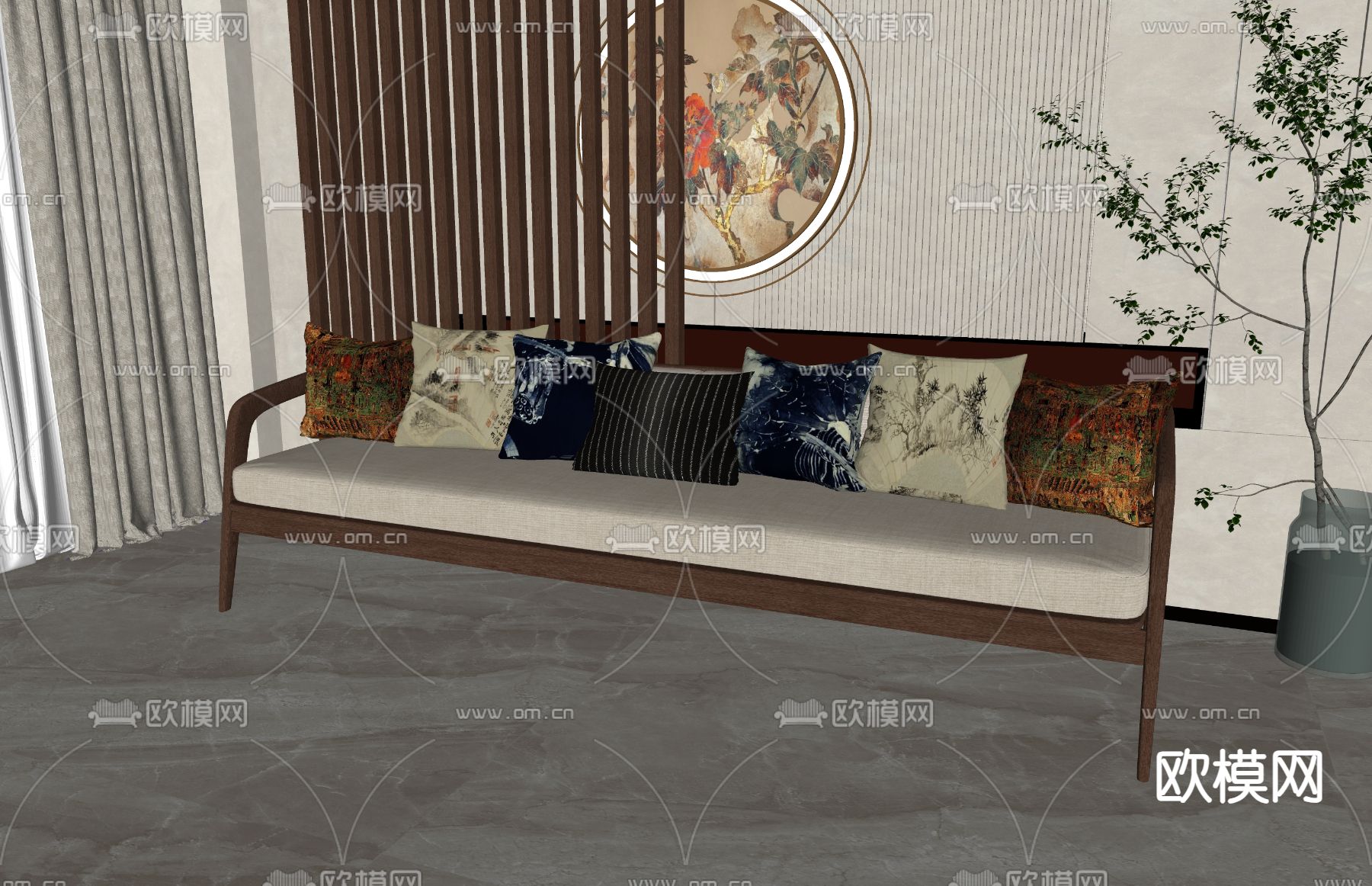新中式多人沙发su模型下载（渲染图1）