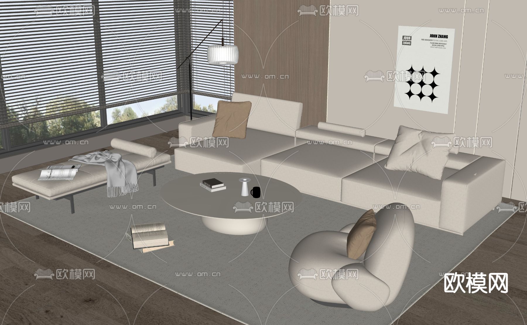奶油风组合沙发su模型下载（渲染图1）