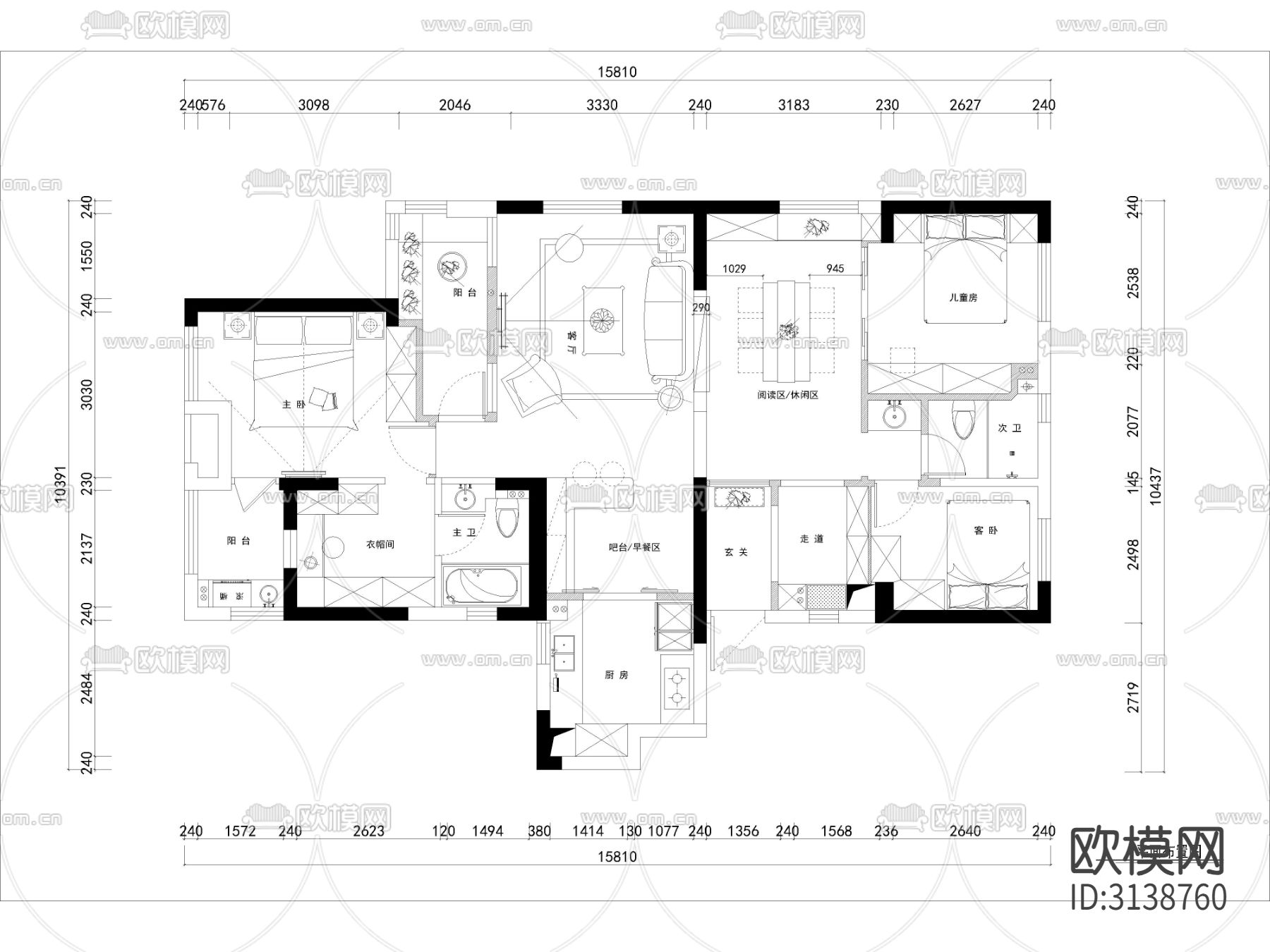 现代家装cad施工图下载（渲染图1）