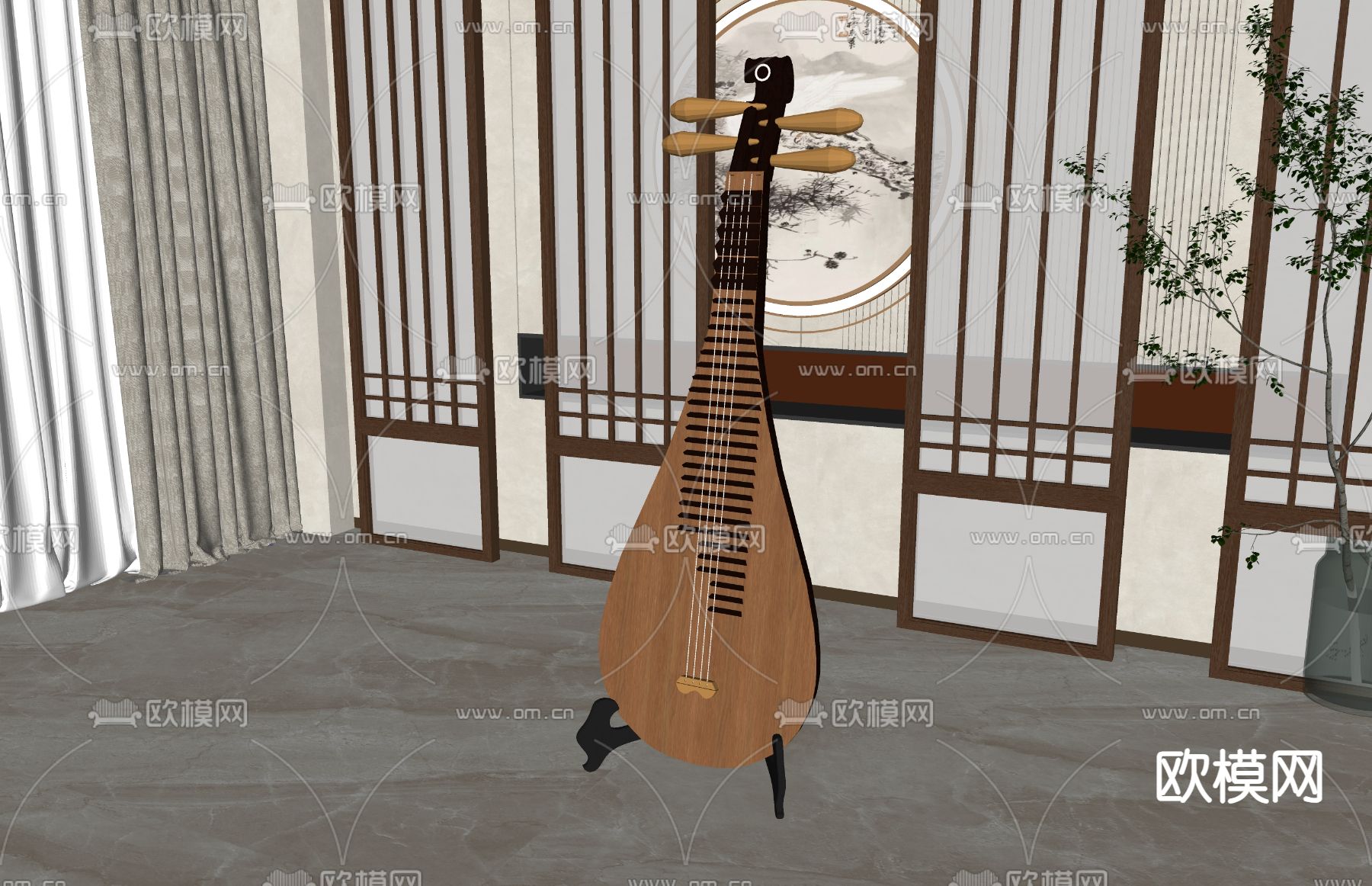 新中式琵琶乐器su模型下载（渲染图1）