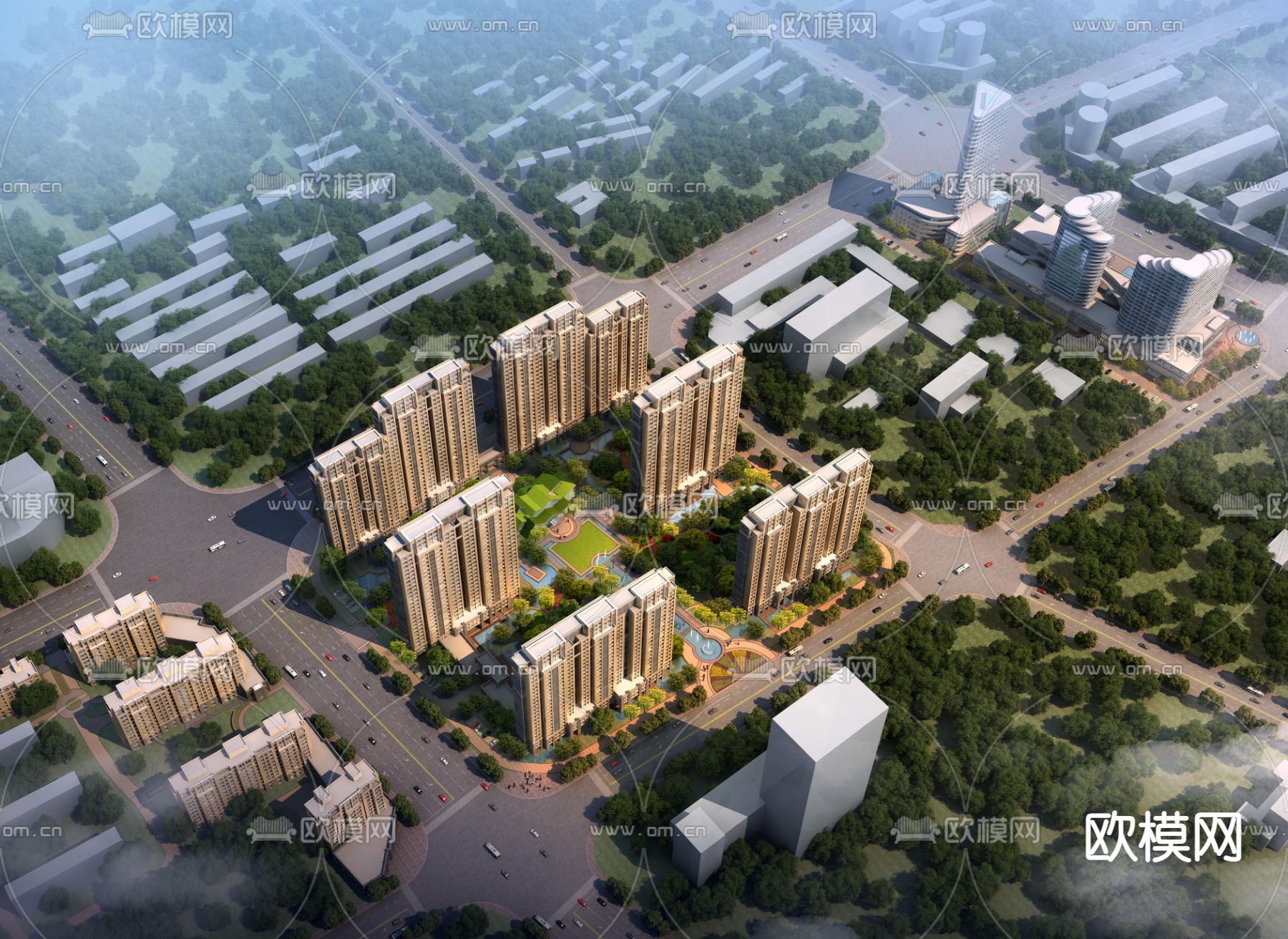 现代住宅小区鸟瞰3d模型下载