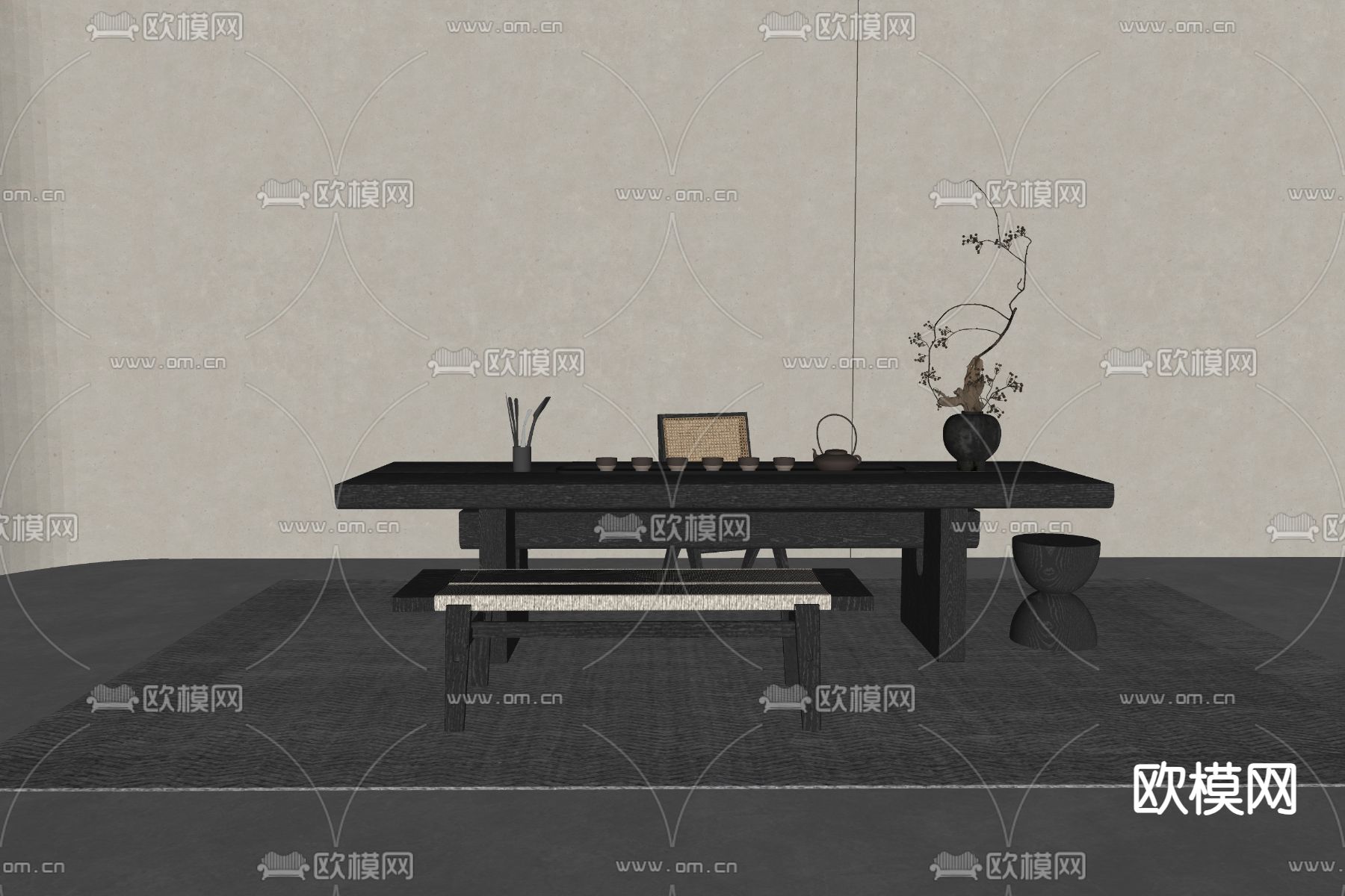 侘寂茶桌椅su模型下载（渲染图1）
