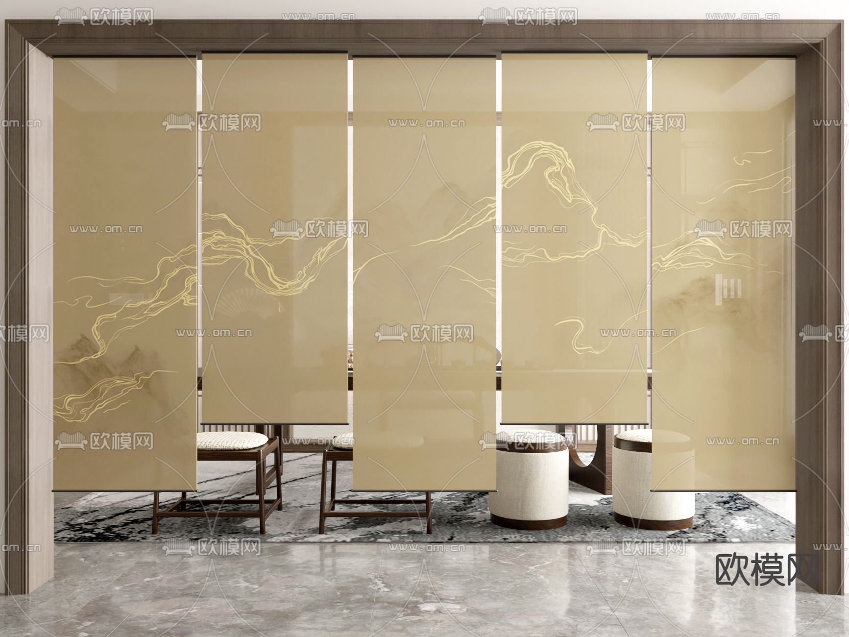 新中式山水纱帘 门帘 布帘帘su模型下载（渲染图2）