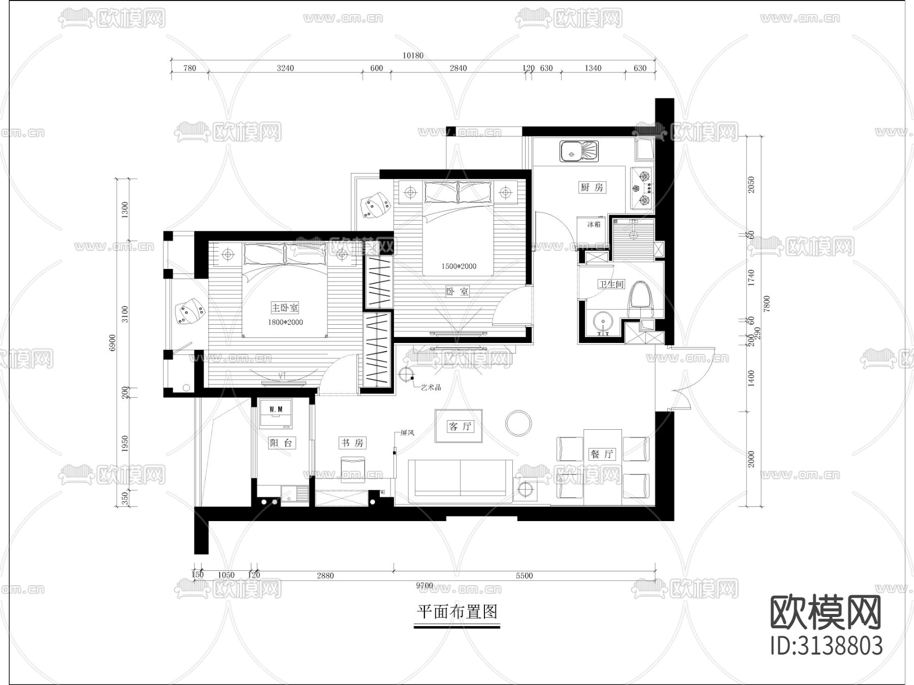 现代家装cad施工图下载（渲染图2）