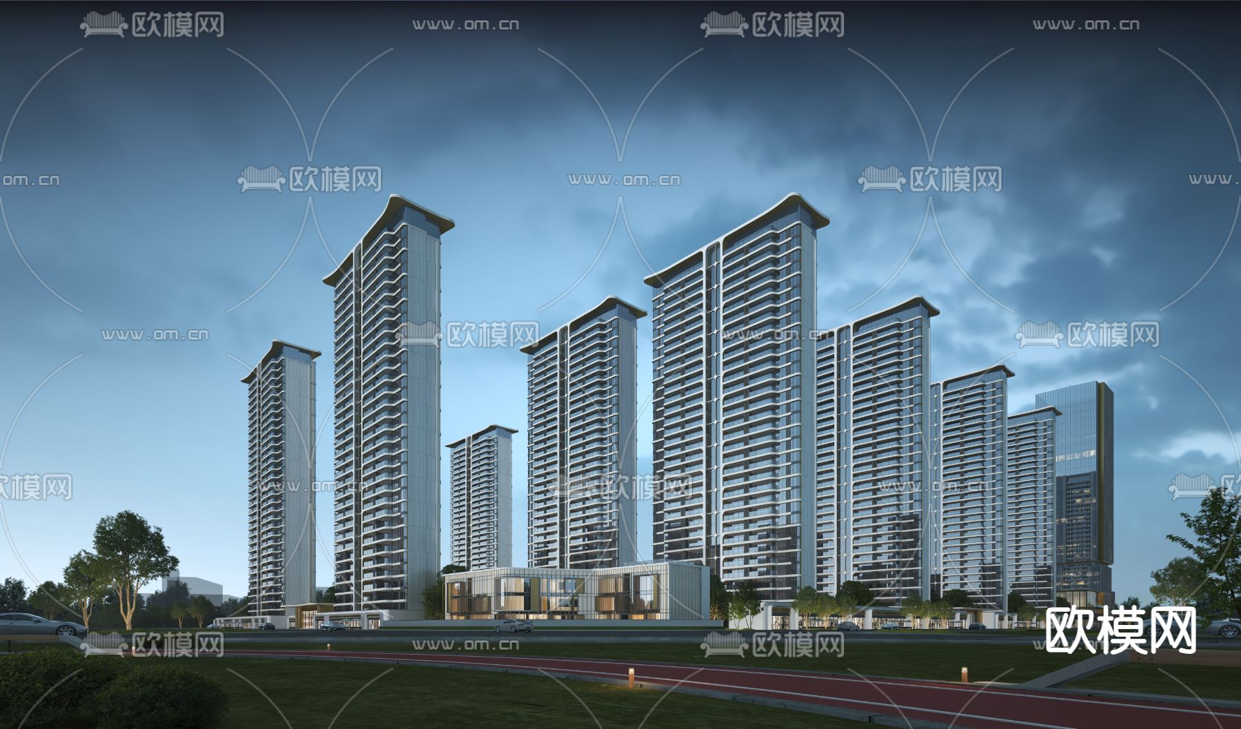 高层住宅夜景3d模型下载