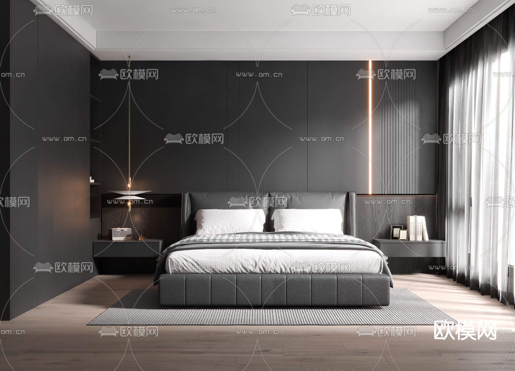 暗黑风卧室 主卧 主人房3d模型下载（渲染图1）