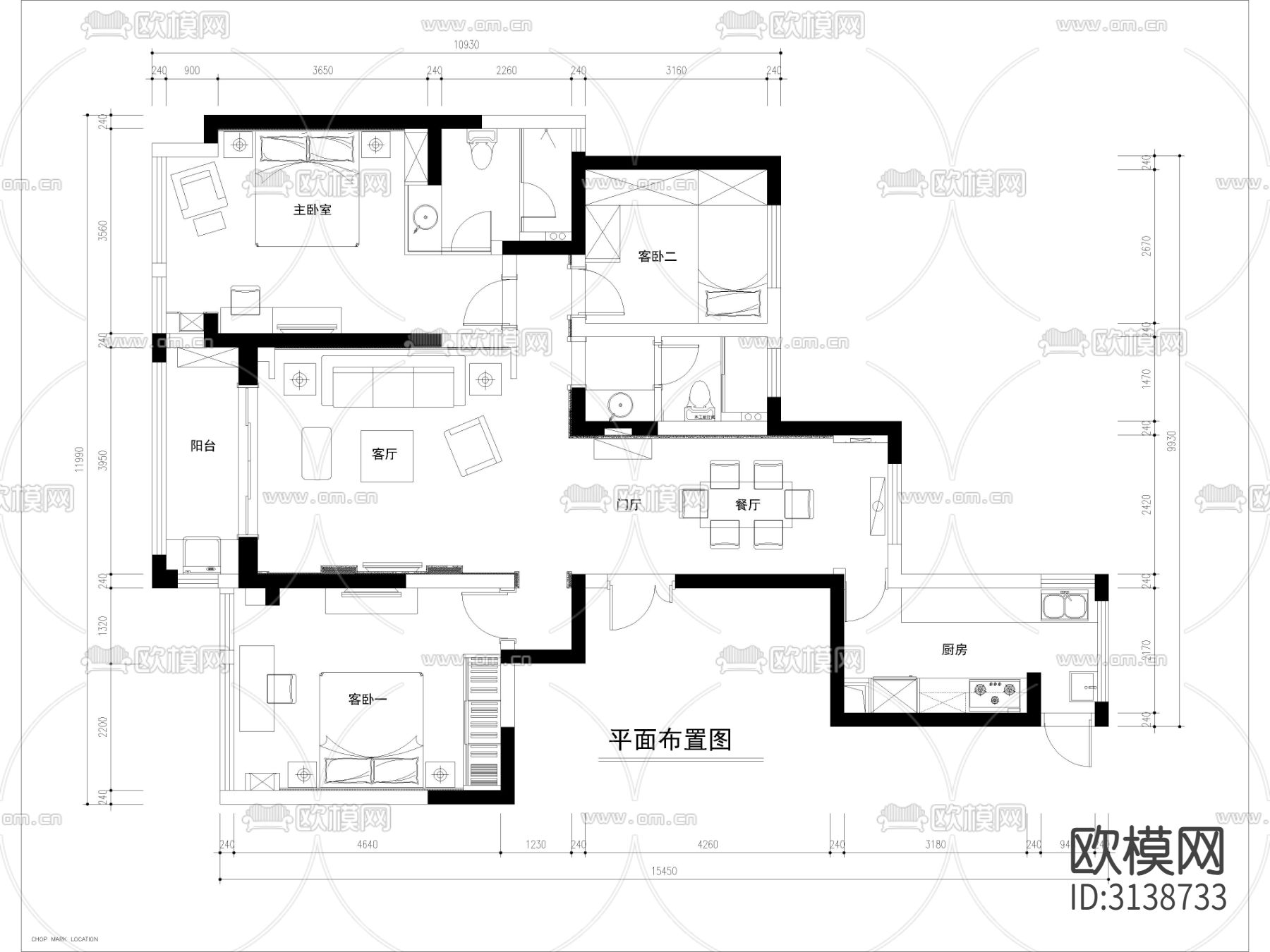 现代家装全套施工图 平面布置图 水电路图 顶面造型吊顶图cad施工图下载（渲染图1）