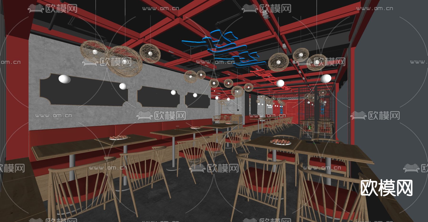 国潮风烧烤店su模型下载（渲染图1）