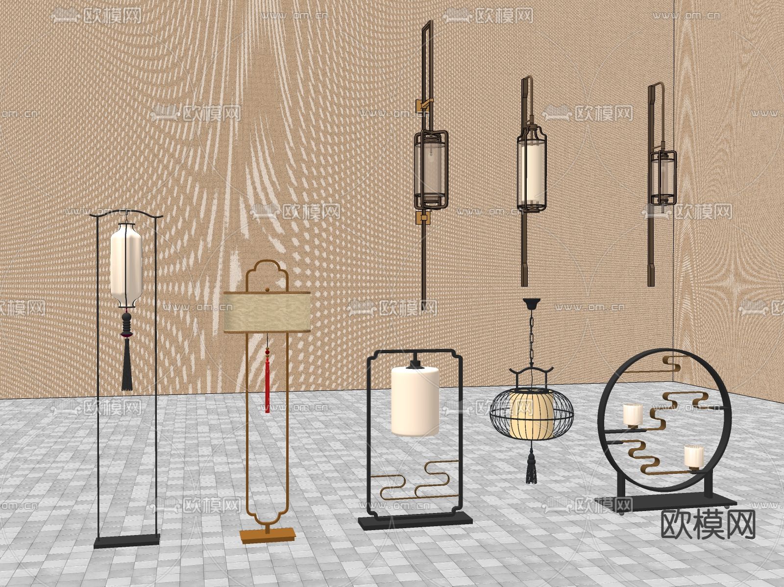 中式落地灯 壁灯su模型下载（渲染图1）
