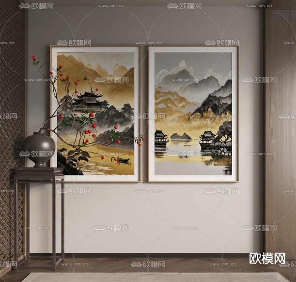 新中式建筑画 山水画 装饰画3d模型下载