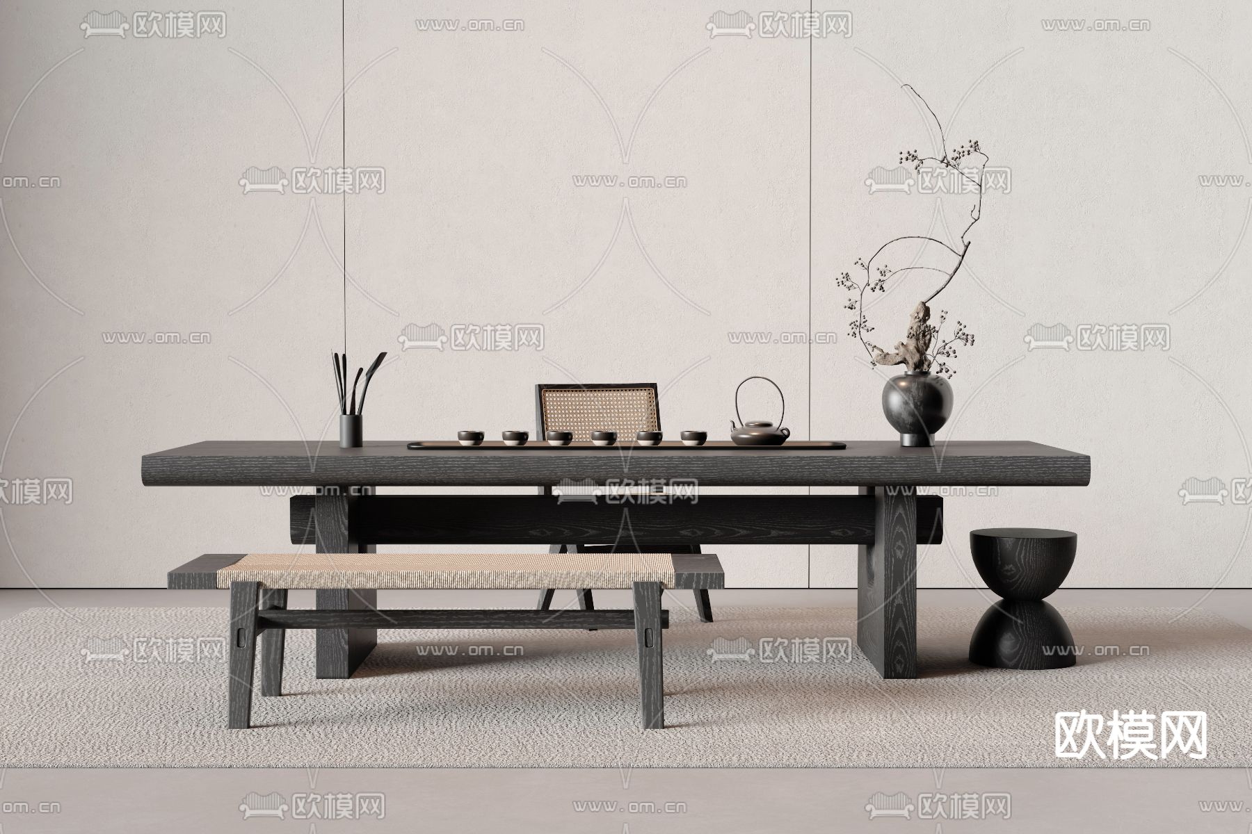 侘寂茶桌椅su模型下载（渲染图2）