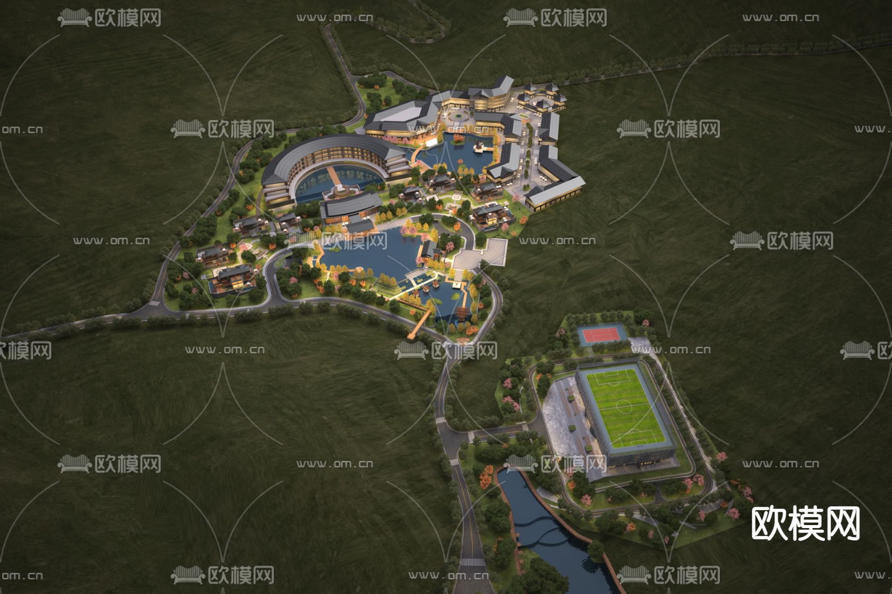 新中式度假酒店 鸟瞰规划3d模型下载