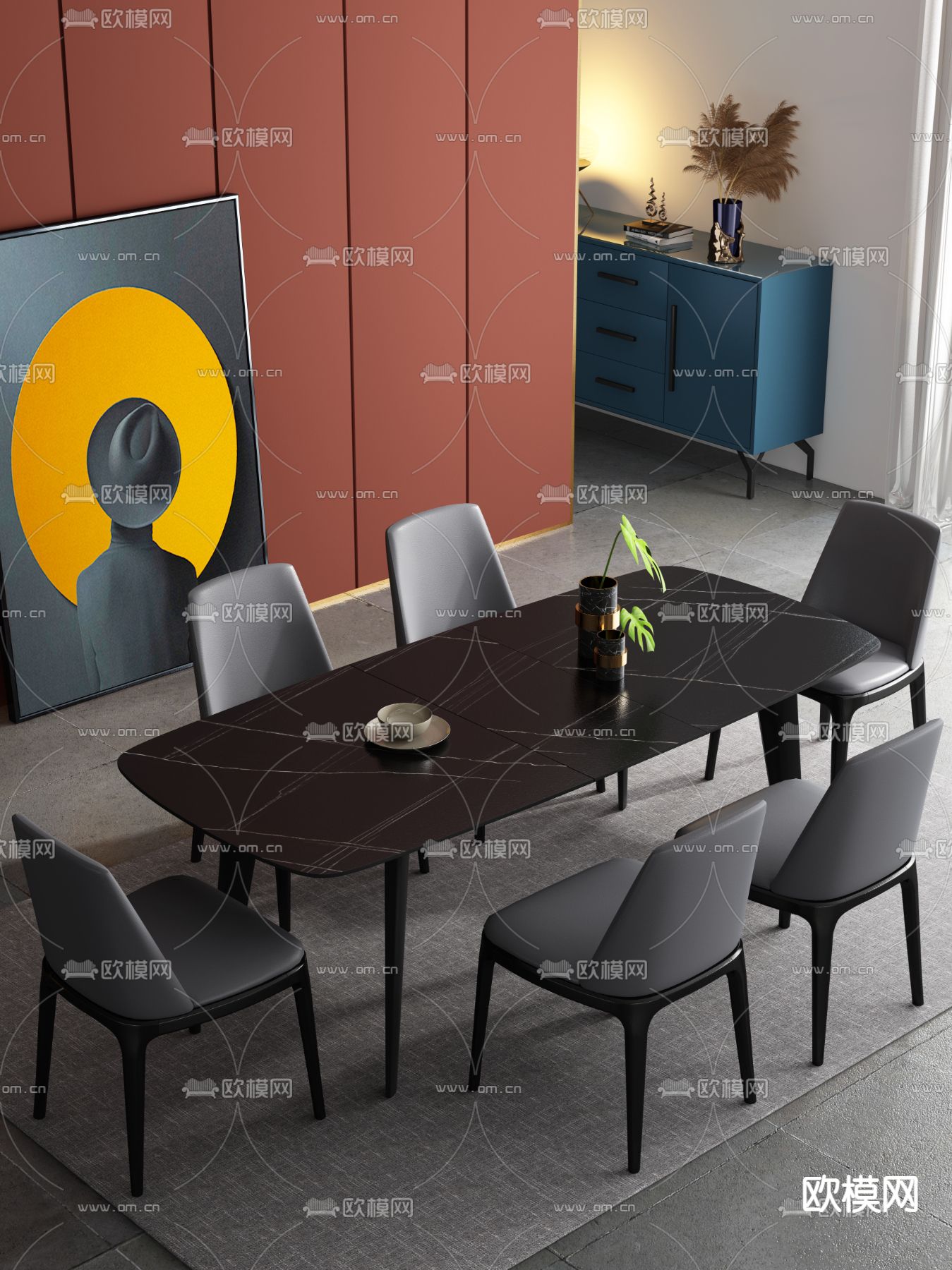 条形餐桌椅3d模型下载