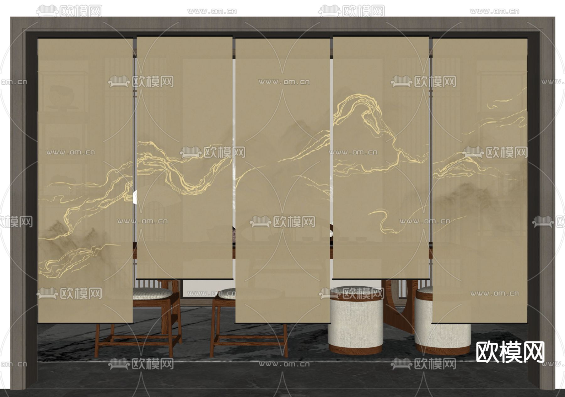 新中式山水纱帘 门帘 布帘帘su模型下载（渲染图1）