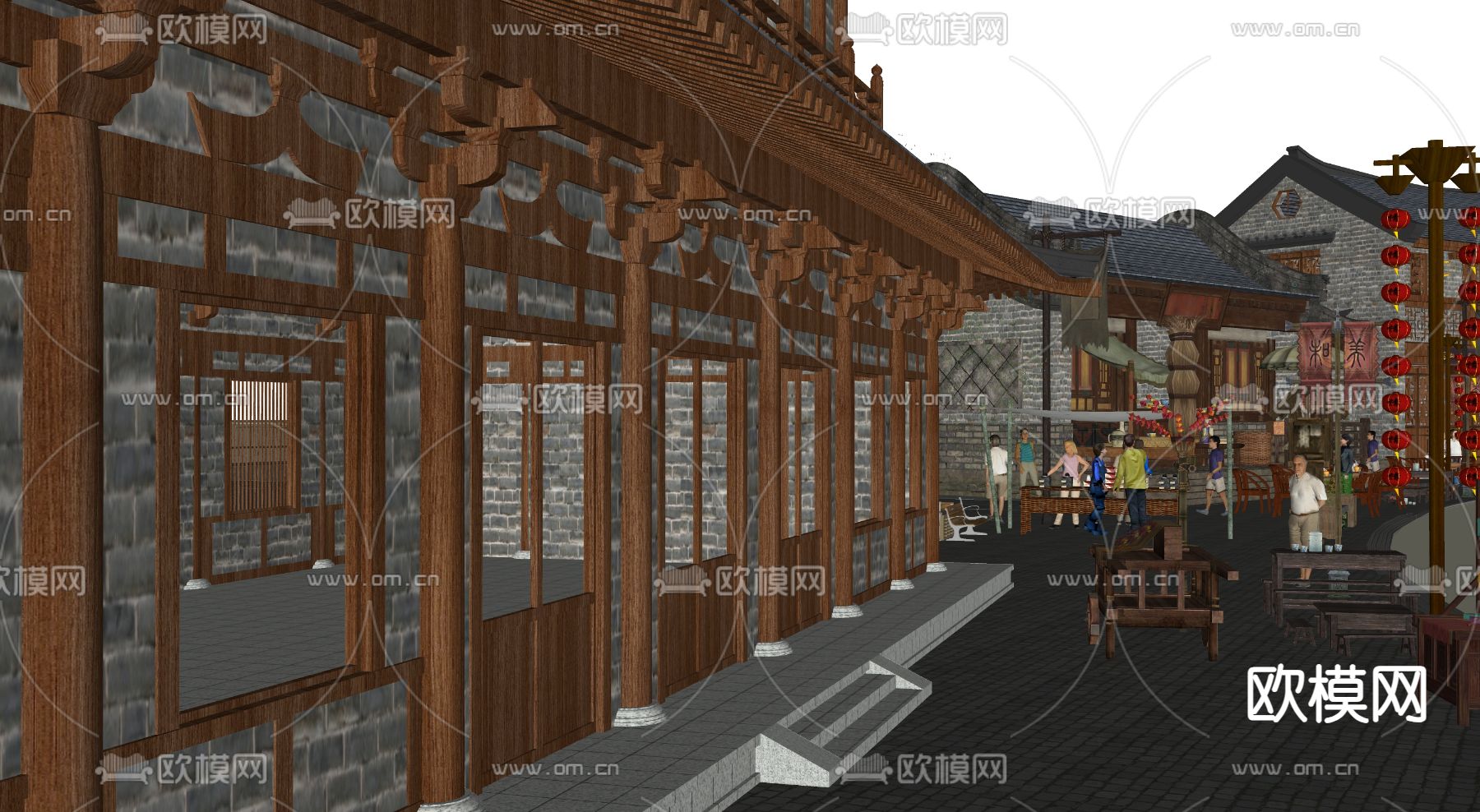 特色古建筑古街su模型下载（渲染图1）