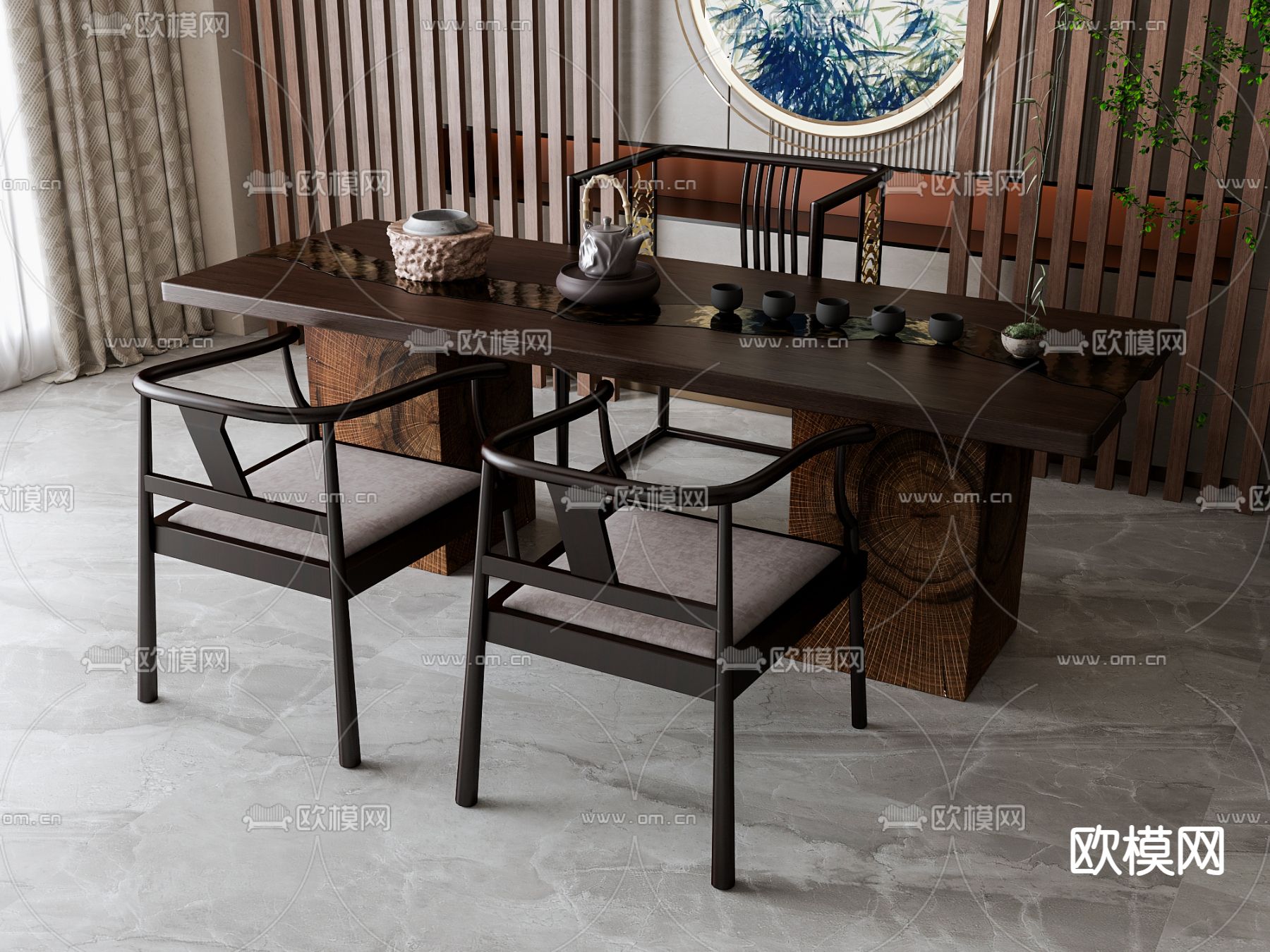 新中式茶桌椅su模型下载（渲染图2）