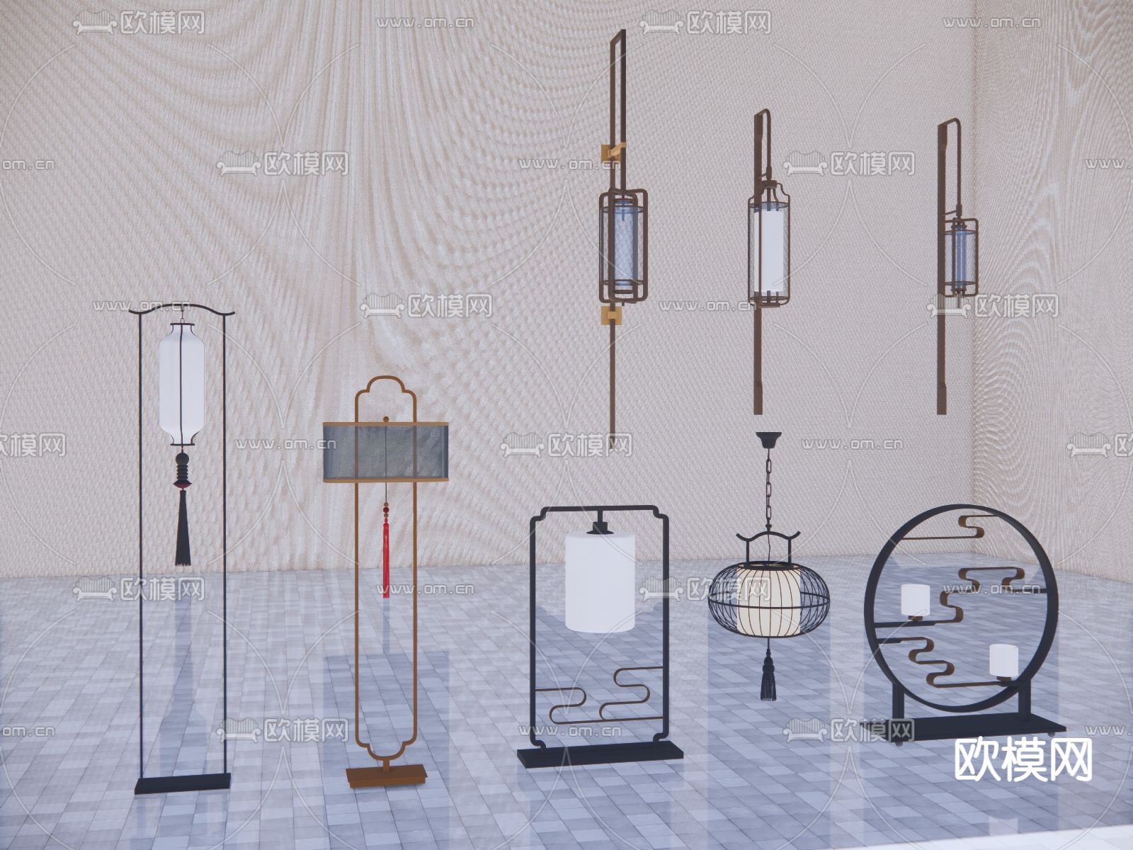 中式落地灯 壁灯su模型下载（渲染图3）
